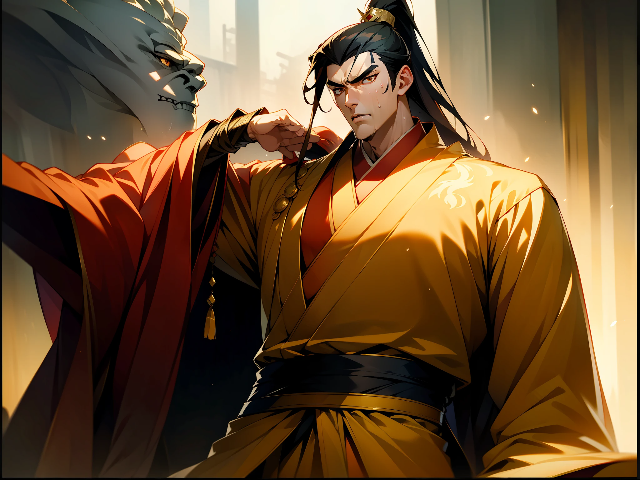 Two-dimensional, anime style, man (male warrior), muscle, correct proportions, face details, martial arts, high ponytail hairstyle, neck details, with Adam's apple, Hanfu costume, long robe, embroidered robe, dragon robe, clothes details, collar, long sleeves, game quality, swordsman demeanor, light and shadow tracing, ray tracing, detail glow, CG rendering, hair details, long black hair, golden eyes, sweaty face, handsome, (juvenile feeling), complex clothing, perfect composition, refinement, high quality, more details, a lot of details, Complex background, sense of atmosphere,