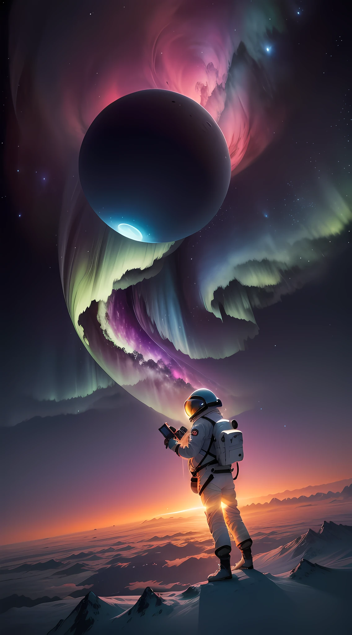 A lone astronaut floats in space above the planet Pandora, while a dazzling cosmic aurora borealis dances in the night sky. The mesmerizing colors of the dawn paint the horizon with vibrant shades of pink, blue and green, creating a dazzling visual spectacle. The astronaut's spacesuit gently reflects the light of the aurora, adding a subtle glow to the scene. The image is rendered with an artistic approach, using soft brush strokes and an impressive color palette to capture the magic and mystery of this unique moment. The atmosphere is serene and contemplative, inviting the viewer to appreciate the beauty of the cosmos and the immensity of the universe --air 16:9 --v 5 --q 2