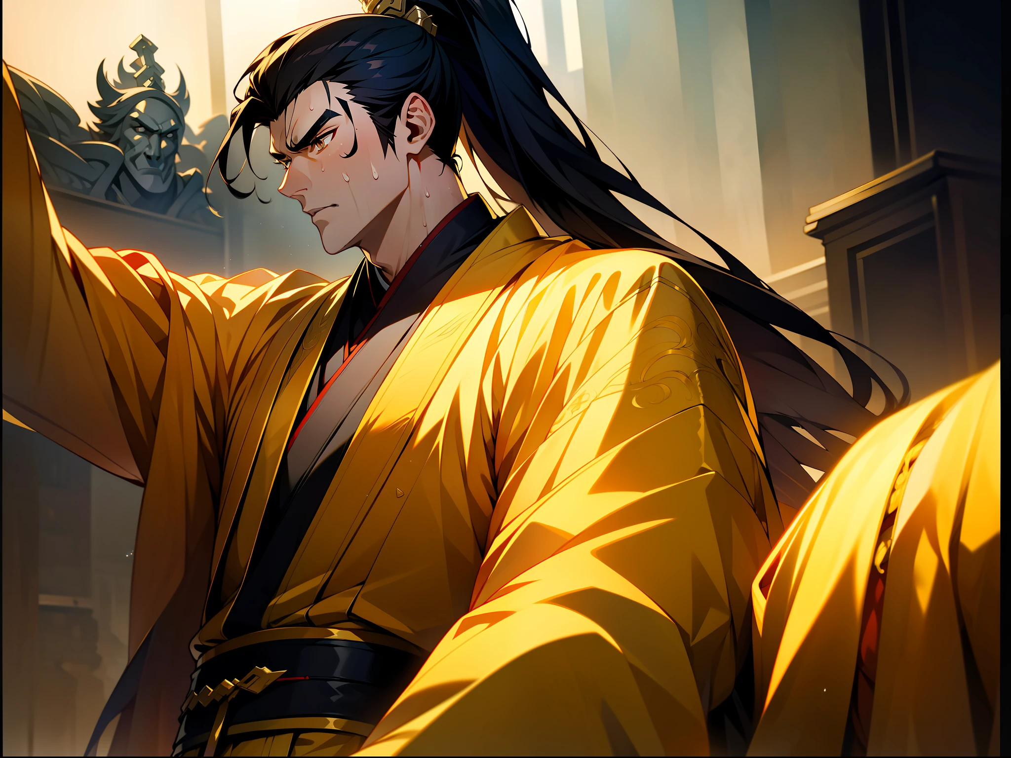 Two-dimensional, anime style, man (male warrior), muscle, correct proportions, face details, martial arts, high ponytail hairstyle, neck details, with Adam's apple, Hanfu costume, long robe, embroidered robe, dragon robe, clothes details, collar, long sleeves, game quality, swordsman demeanor, light and shadow tracing, ray tracing, detail glow, CG rendering, hair details, long black hair, golden eyes, sweaty face, handsome, (juvenile feeling), complex clothing, perfect composition, refinement, high quality, more details, a lot of details, Complex background, sense of atmosphere,