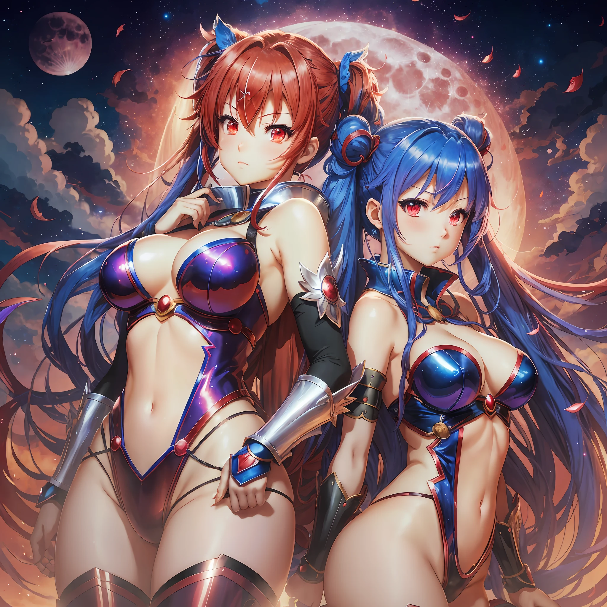 Magical Warrior, Red and Blue Hair, Anime girl in sexy costume posing in front of full moon, 2 beautiful anime girls, anime girl, Nightcore, anime style 4K, best anime 4K Conachan wallpaper, two pure moons, twin tails, ultra hd anime wallpaper, 4k anime wallpaper --auto --s2