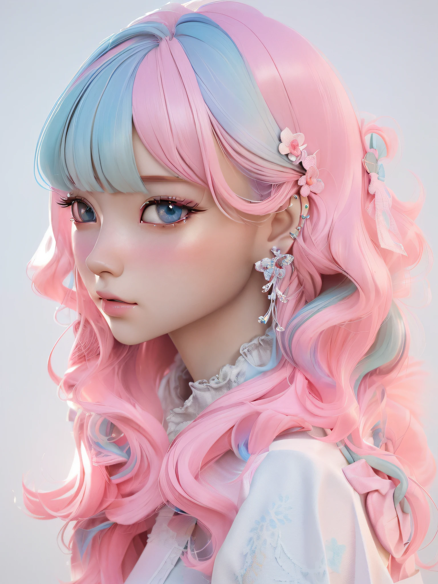 there is a woman with pink and blue hair and a white shirt, anime styled 3d, render of a cute 3d anime girl, kawaii realistic portrait, cute detailed digital art, pink twintail hair and cyan eyes, artwork in the style of guweiz, cute 3 d render, photorealistic anime girl render, realistic anime 3 d style, colorful pastel