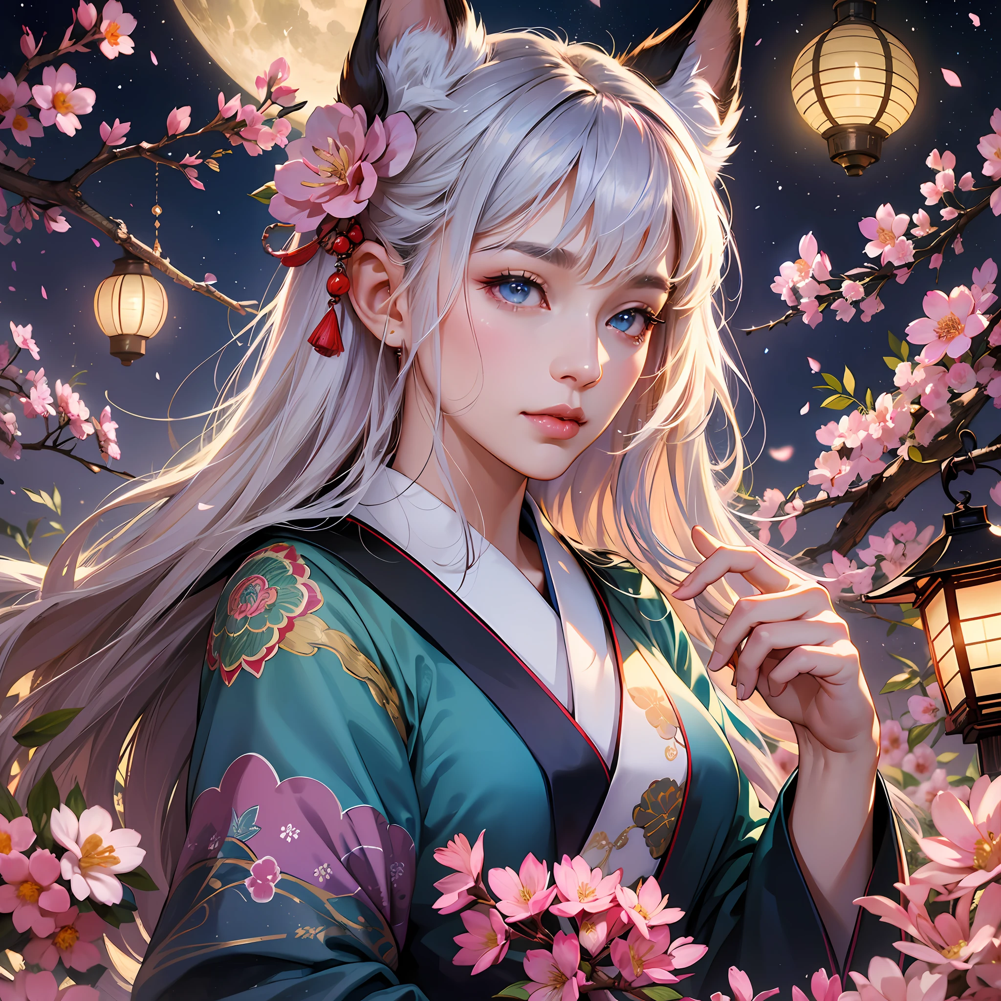 (absurdres, highres, ultra detailed), close-up of face, emphasis on face, focus on face, one woman, mature woman, aged, long straight hair, shiny beautiful hair, blue eyes, bangs, long sleeves, finely drawn eyes and detailed face, eye highlights, hands without breaks, rich lighting, pale pink lips, highly detailed CG unified 8K wallpaper, intricate details, portrait, gazing, solo, half shot, finely drawn face, soft smile, dynamic pose, classical period, (Ancient Japanese Subject: 1.1), Japanese mythology, fox ears, Japanese Ruler, Blue Kimono, Floral Kimono, Ancient Themes, (Prosperous Civilization: 1.1), Moon in background, (Immaculate: 1.1) Shrine, Torii, Japanese landscape, Ancient city in background, Fox mask, Fantastic, Dreamy, Romantic, Light dancing, Lantern, Austere, Night, Darkness, Stars, Portrait, Cinematic lighting, Flower hair ornament, Dating, cherry blossom. --auto --s2