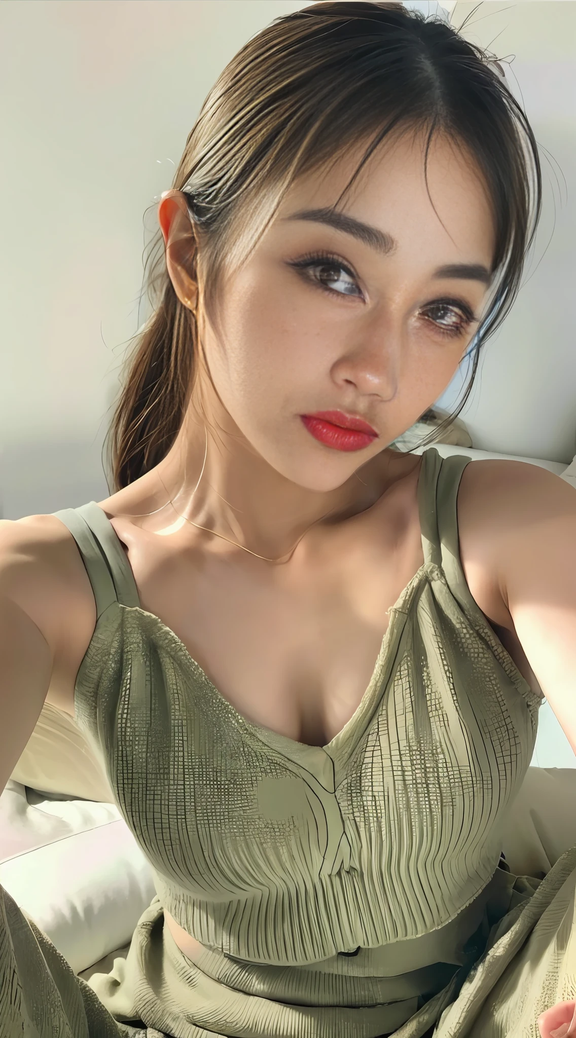 ((Top quality, 8k, Masterpiece: 1.3)), busty beauty, melon seed face, 1 girl, beauty: 1.3, slender abs: 1.1, camisole vest, long black hair, (sitting on bed), ultra-detailed face, highly detailed lips, detailed eyes, double eyelids, dior necklace, Chanel earrings, exquisite European and American makeup