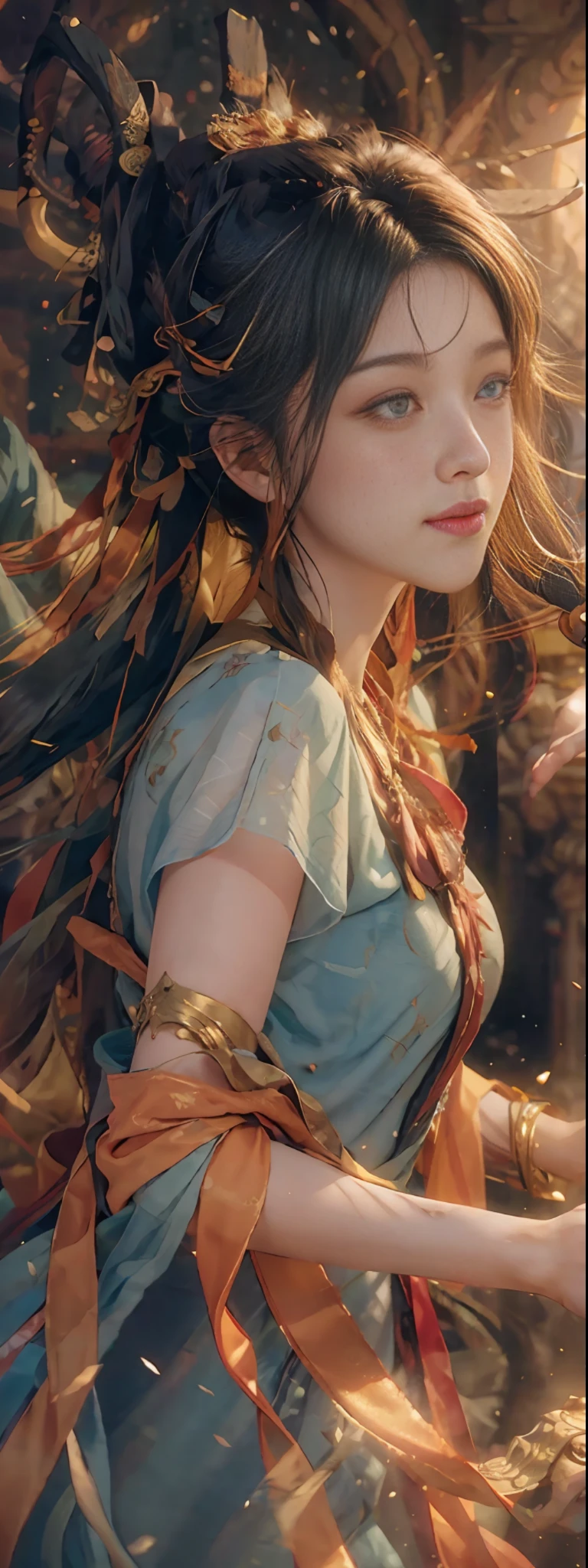 (RAW photo, best quality), (realistic, photo-realistic:1.3), best quality, highly detailed, masterpiece, ultra-detailed, illustration, 1girl, upper_body, dynamic angle, world mastery theater, messy_long_hair,best quality, extremely detailed CG unity 8k wallpaper, ink, amazing, movie lights, lens_flare, dunhuang_style, orange, Dunhuang flying sky, big moon, smile, deep eyes, feeling of falling, floating, falling from the sky, streamers, sky falling, hair flying