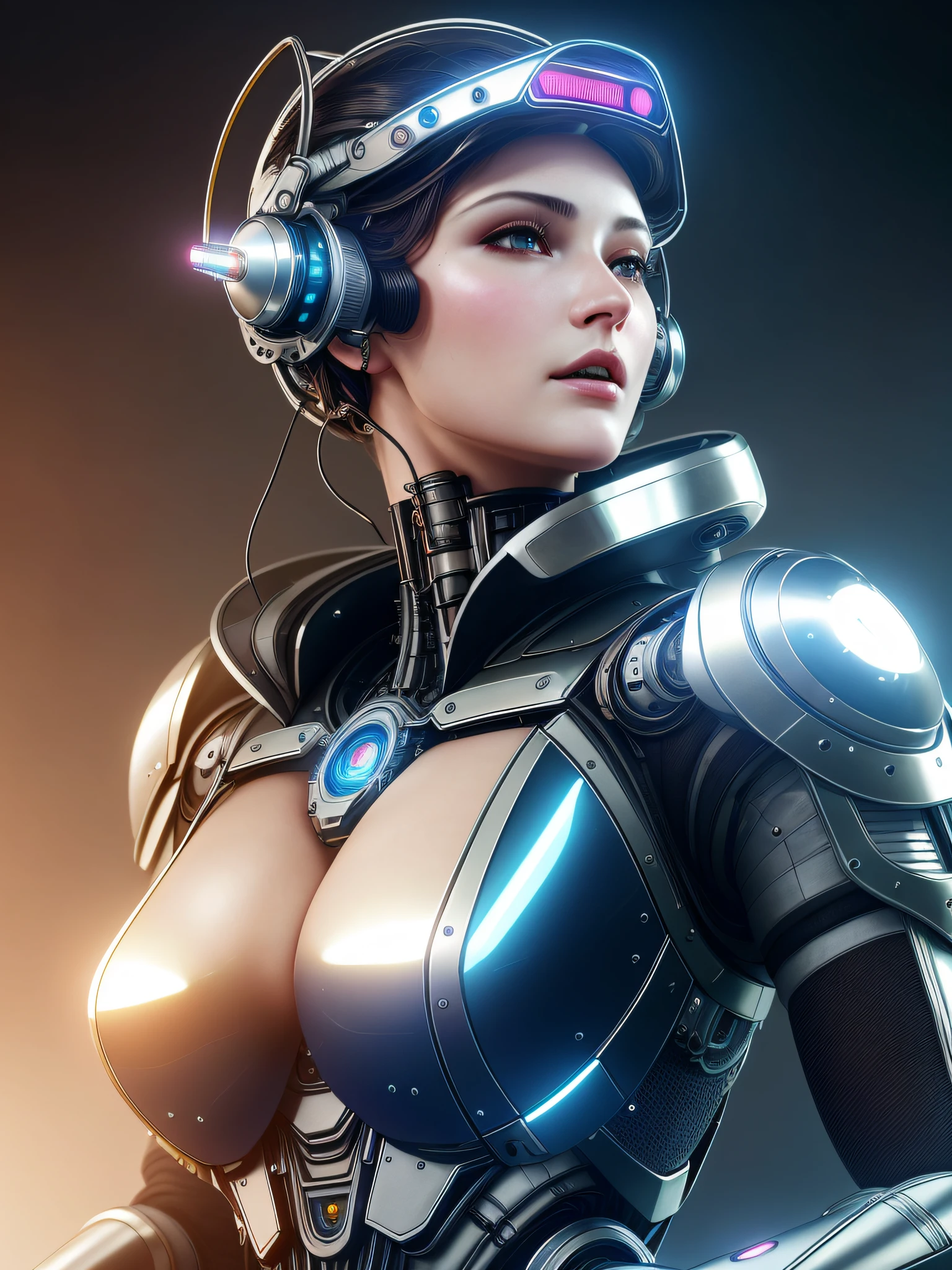 complex 3d render ultra detailed of a beautiful porcelain profile woman android face, cyborg, steampunk details, robotic parts, 150 mm, beautiful studio soft light, rim light, vibrant details, luxurious cyberpunk, lace, hyperrealistic, anatomical, facial muscles, cable electric wires, microchip, elegant, beautiful background, octane render, H. R. Giger style, 8k, best quality, masterpiece, illustration, an extremely delicate and beautiful, extremely detailed ,CG ,unity ,wallpaper, (realistic, photo-realistic:1.37),Amazing, finely detail, masterpiece,best quality,official art, extremely detailed CG unity 8k wallpaper, absurdres, incredibly absurdres, robot, silver driver helmet, full body, sitting