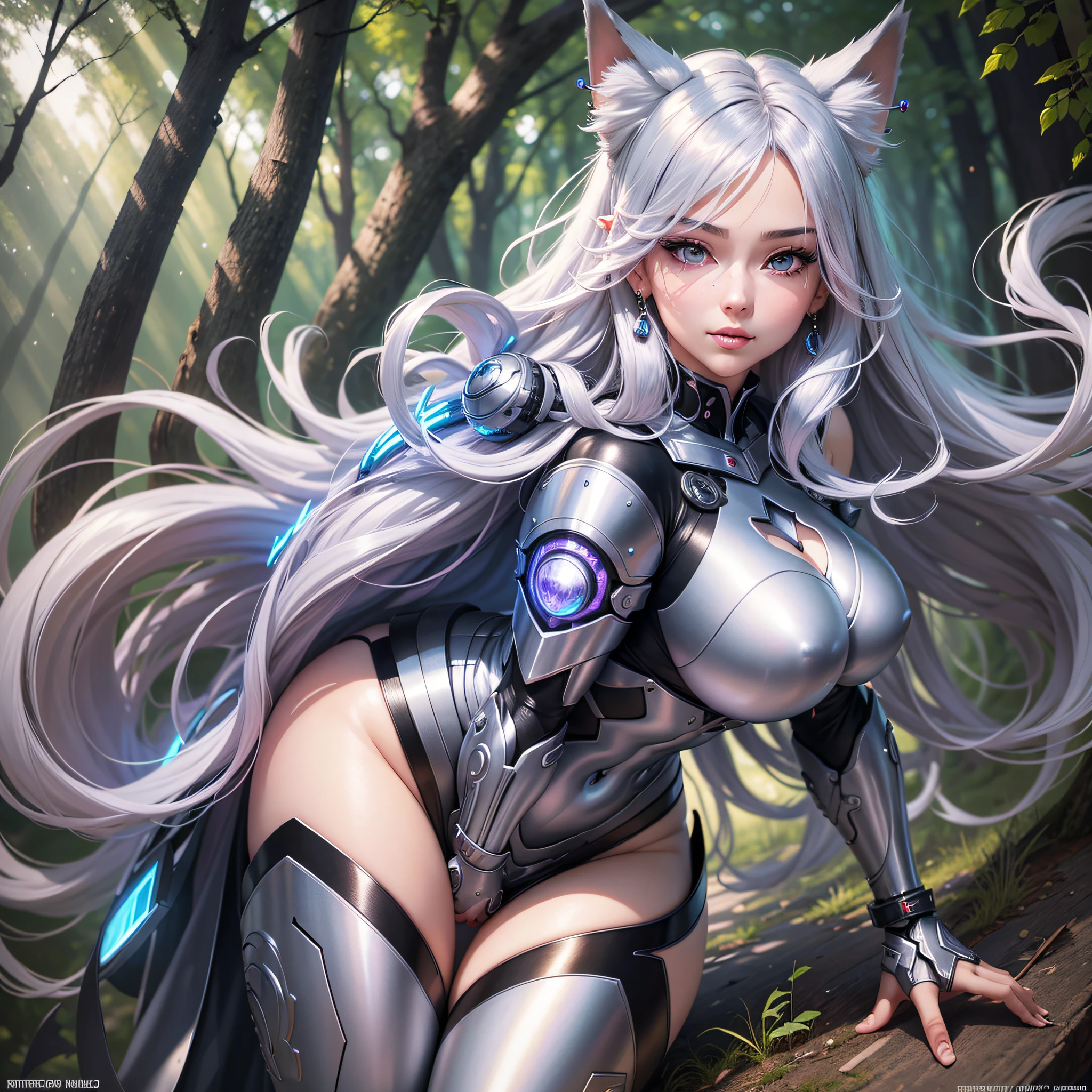 Life like sexy anime cyborg cat girl with long white hair and blue eyes, full body portrait,thick thighs, slim waist,voluptuous,bust,cheeks, translucent battle dress, battle armor, life like characteristics,ultra realism, Soft smile, sensual, naughty pose, hyper realistic, 3 d anime realistic, advanced digital anime art,extremely detailed art germ, 8k high quality detailed art, solo,full body portrait, amazing beauty,, dynamic pose, delicate face, vibrant eyes, (from the front), silver hair, streaked hair, very long hair, expressive hair, multicolored eyes, aqua eyes, purple eyes, fox ears,heart earrings, earrings, light smile, shy, blush, parted lips, licking lips, heavy breathing, naughty face, naughty, sparkle, god rays, super detail, high quality, anatomically correct, textured skin, best quality,full body portrait,silver wolf,seen from below, guweiz on artstation pixiv, forest back ground, resolution 4098x2160, 8k --auto --s2