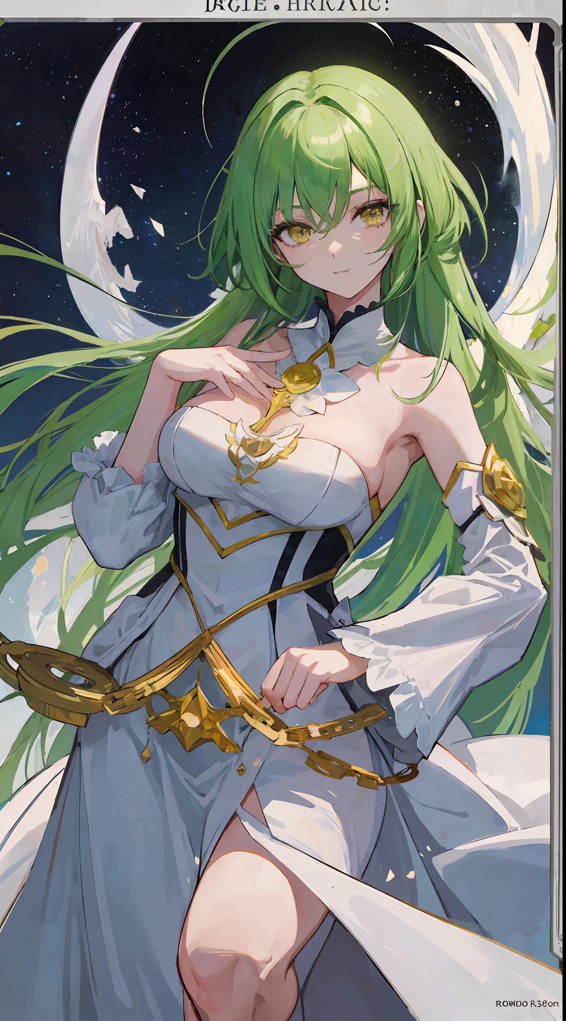 1Girl, bright green hair, yellow eyes, wears a white dress, her body like a doll, make it like tarot anime-style but no frame