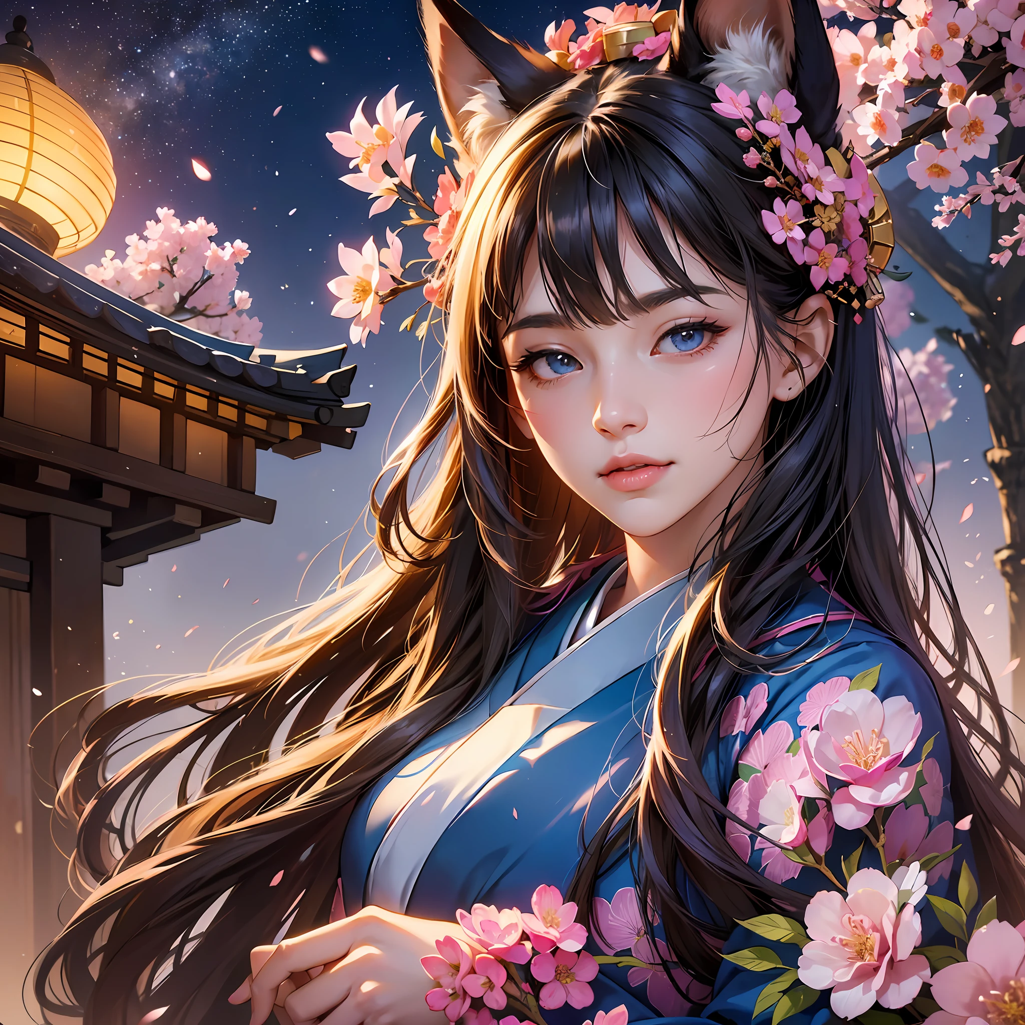 (absurdres, highres, ultra detailed), close-up of face, emphasis on face, focus on face, one woman, mature woman, aged, long straight hair, shiny beautiful hair, blue eyes, bangs, long sleeves, finely drawn eyes and detailed face, eye highlights, hands without breaks, rich lighting, pale pink lips, highly detailed CG unified 8K wallpaper, realistic, smooth skin, intricate details, portrait, gazing, solo, half shot, finely drawn face, soft smile, dynamic pose, classical period, (Ancient Japanese Subject: 1.1), Japan Mythology, Fox Ears, Japanese, Ruler, Blue Kimono, Floral Kimono, Ancient Themes, (Prosperous Civilization: 1.1), Moon in Background, (Immaculate: 1.1) Shrine, Torii Gate, Japanese Landscape, Old City in Background, Fox Mask, Fantastic, Dreamy, Romantic, Light Dancing, Lantern, Austerity, Night, Darkness, Stars, Portrait, Cinematic Lighting, floral hairpiece, having a date, cherry blossom --auto --s2