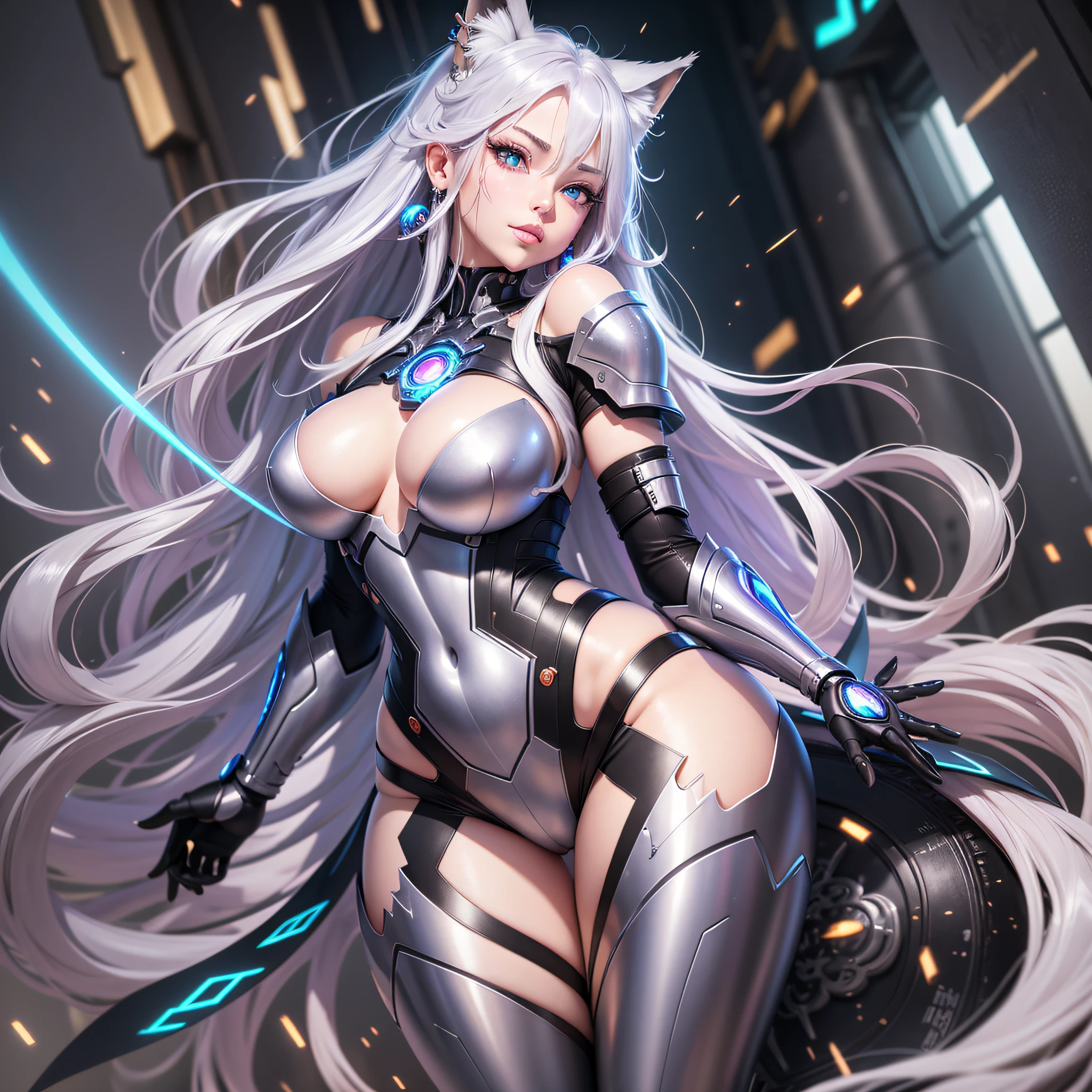 Life like sexy anime cyborg cat girl with long white hair and blue eyes, full body portrait,thick thighs, slim waist,voluptuous,bust,cheeks, translucent battle dress, battle armor, life like characteristics,ultra realism,  Soft smile, sensual, naughty pose, hyper realistic, 3 d anime realistic, advanced digital anime art,extremely detailed art germ, 8k high quality detailed art, solo,full body portrait, amazing beauty,, dynamic pose, delicate face, vibrant eyes, (from the front), silver hair, streaked hair, very long hair, expressive hair, multicolored eyes, aqua eyes, purple eyes, fox ears,heart earrings, earrings, light smile, shy, blush, parted lips, licking lips, heavy breathing, naughty face, naughty, sparkle, god rays, super detail, high quality, anatomically correct, textured skin, best quality,full body portrait,silver wolf,seen from below, guweiz on artstation pixiv, forest back ground, resolution 4098x2160, 8k --auto --s2