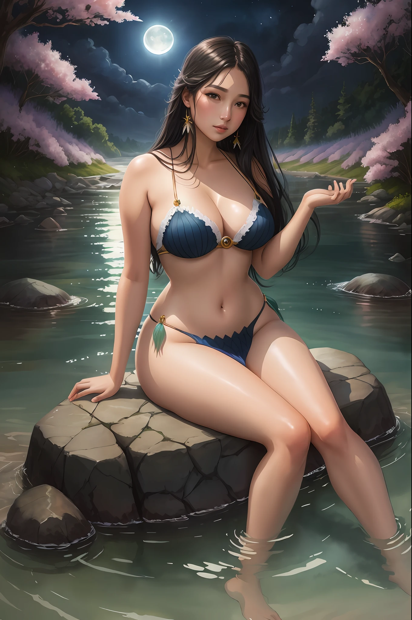 sfw, [fantasy], watercolor illustration, Full Shot, of the sexy indigenous beauty mermaid, sitting on the banks of a river, toned physique, perfect large round breasts, perfect limbs, perfect hands, long straight black hair, (detailed skin, fuzzy skin pores), maximum details, maximum quality, (flowering: 0.5), specular lighting, shallow depth of field, moonlight night weather