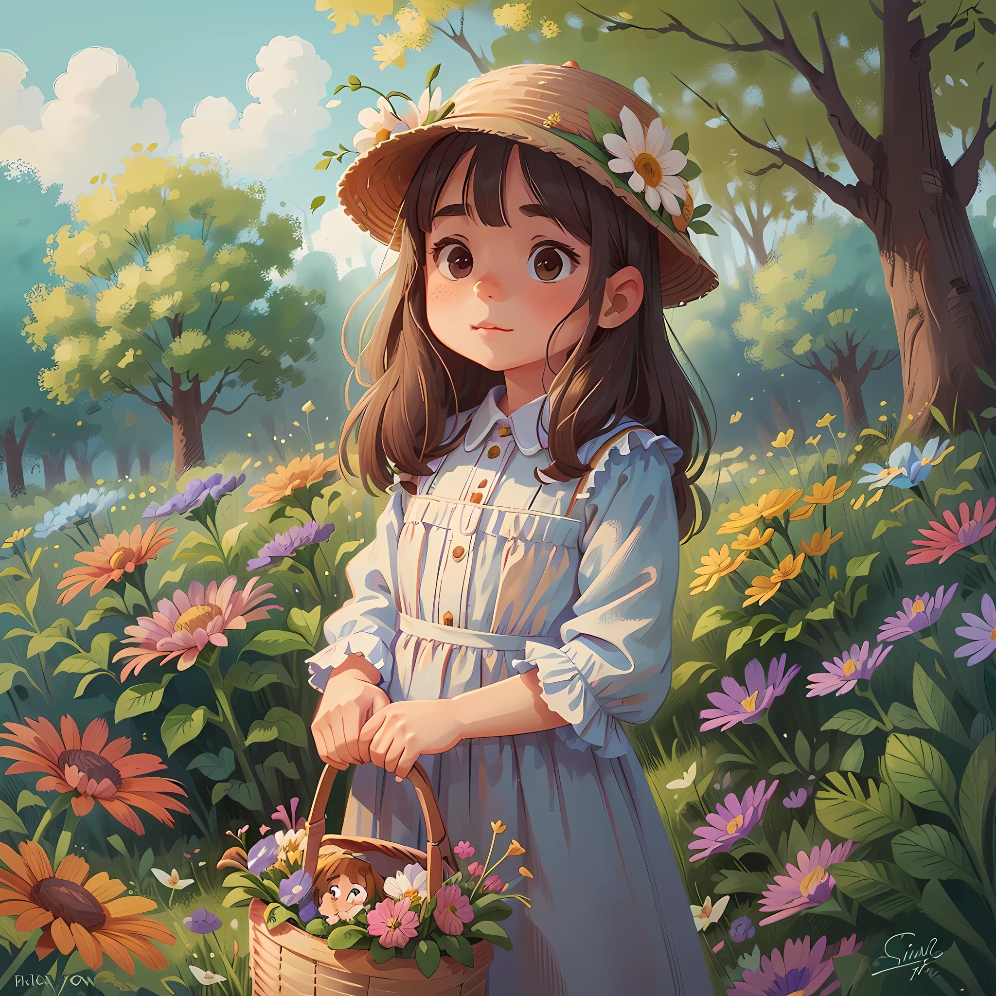 Tip: A very charming little girl with a basket of flowers, enjoying a lovely spring surrounded by beautiful green flowers and nature. The illustration is a high-definition illustration in 4K resolution with highly detailed facial features and cartoon-style visuals.