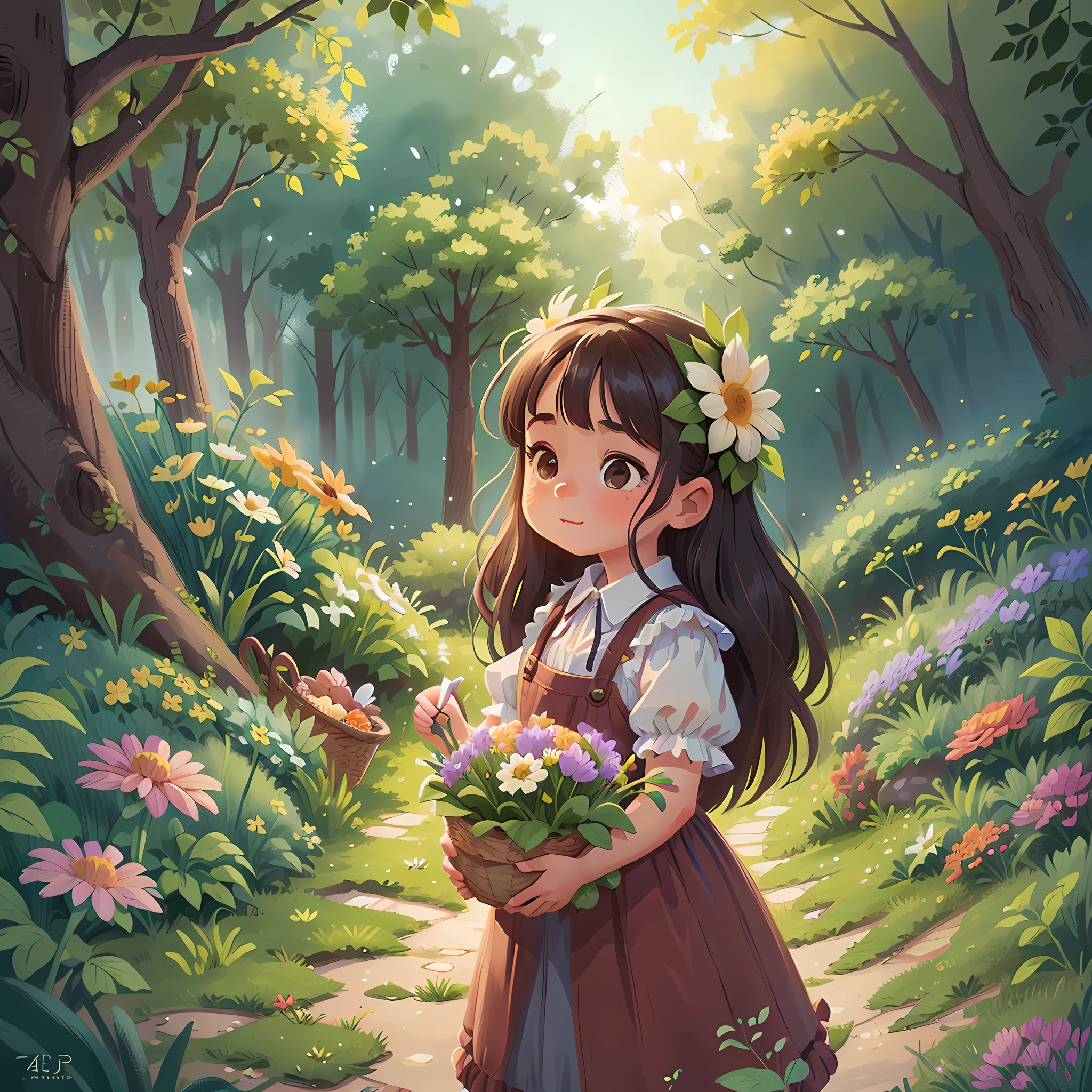 Tip: A very charming little girl with a basket of flowers, enjoying a lovely spring surrounded by beautiful green flowers and nature. The illustration is a high-definition illustration in 4K resolution with highly detailed facial features and cartoon-style visuals.