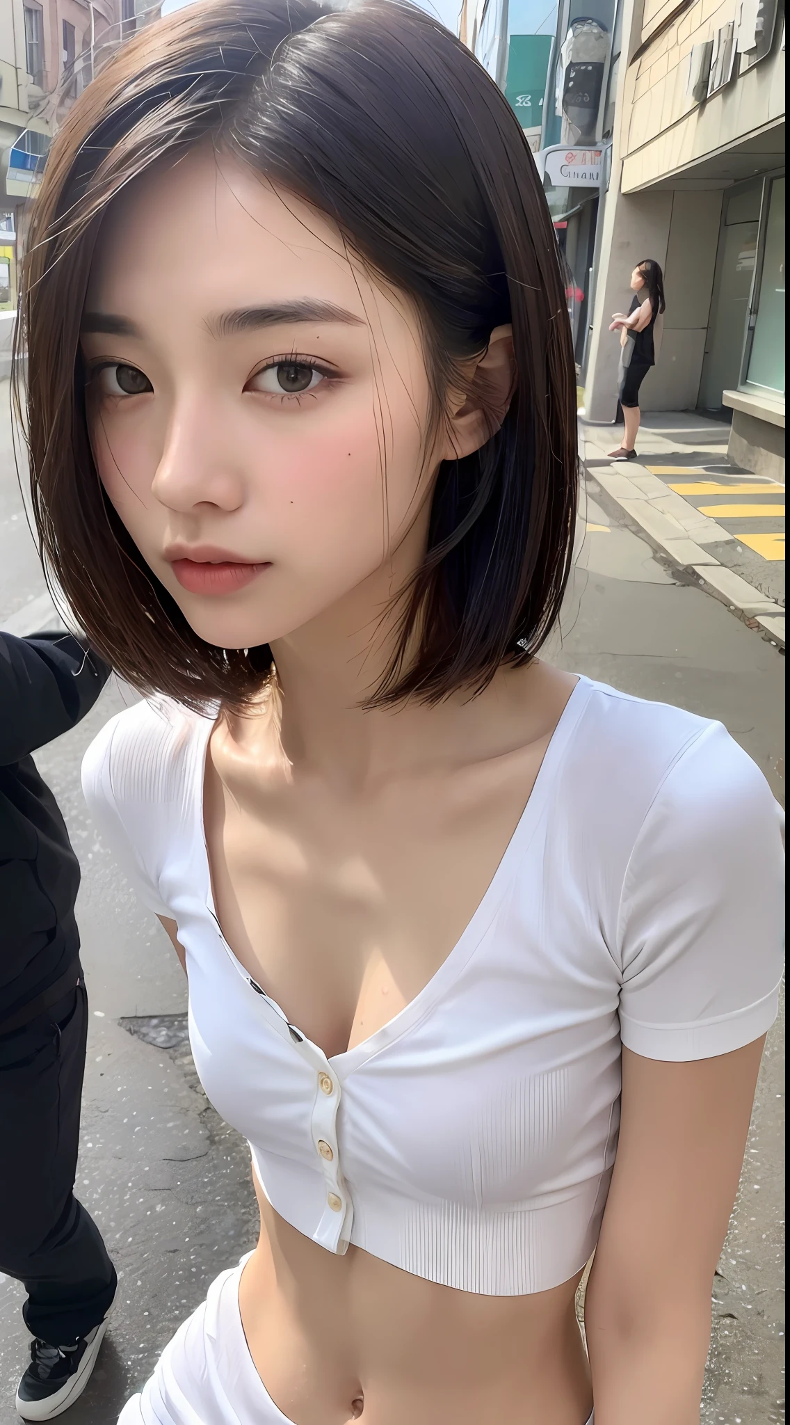 ((Top Quality, 8k, Masterpiece: 1.3)), Sharp Focus: 1.2, Beautiful Women with Perfect Body: 1.4, Slim Abdomen: 1.2, ((Layered Haircut, Small: 1.2)), (No Bra) (Small and Beautiful Hard Nipples) (Thin moist buttons up to shirt length: 1.1), (White shirt wet from rain), (Rain, Street: 1.2), Wet body: 1.1, highly detailed face and skin texture, detailed eyes, double eyelids,