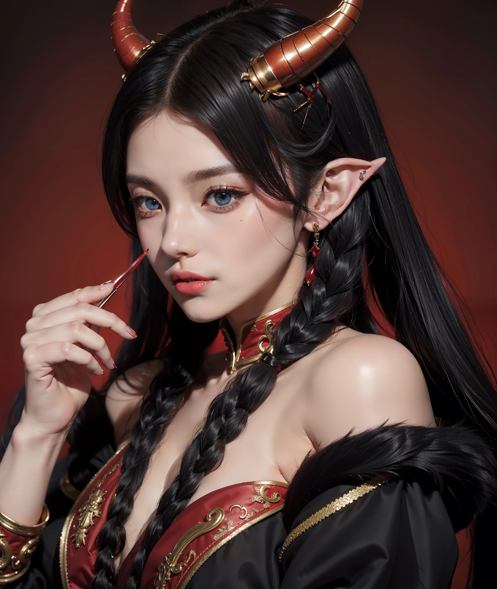 Goddess, Dragon Girl, Deity, Divine, Demon, Solo, Single, Bust, HD, Energetic, Genkie, Cute, Demon Double Horn, Elf Ears, Blue Eyes, Long Black Hair, Two Twisted Braids Next to the Face, Two Red Hairpins on the Right Right, Red Fur Coat, Blank Background, Beautiful Woman