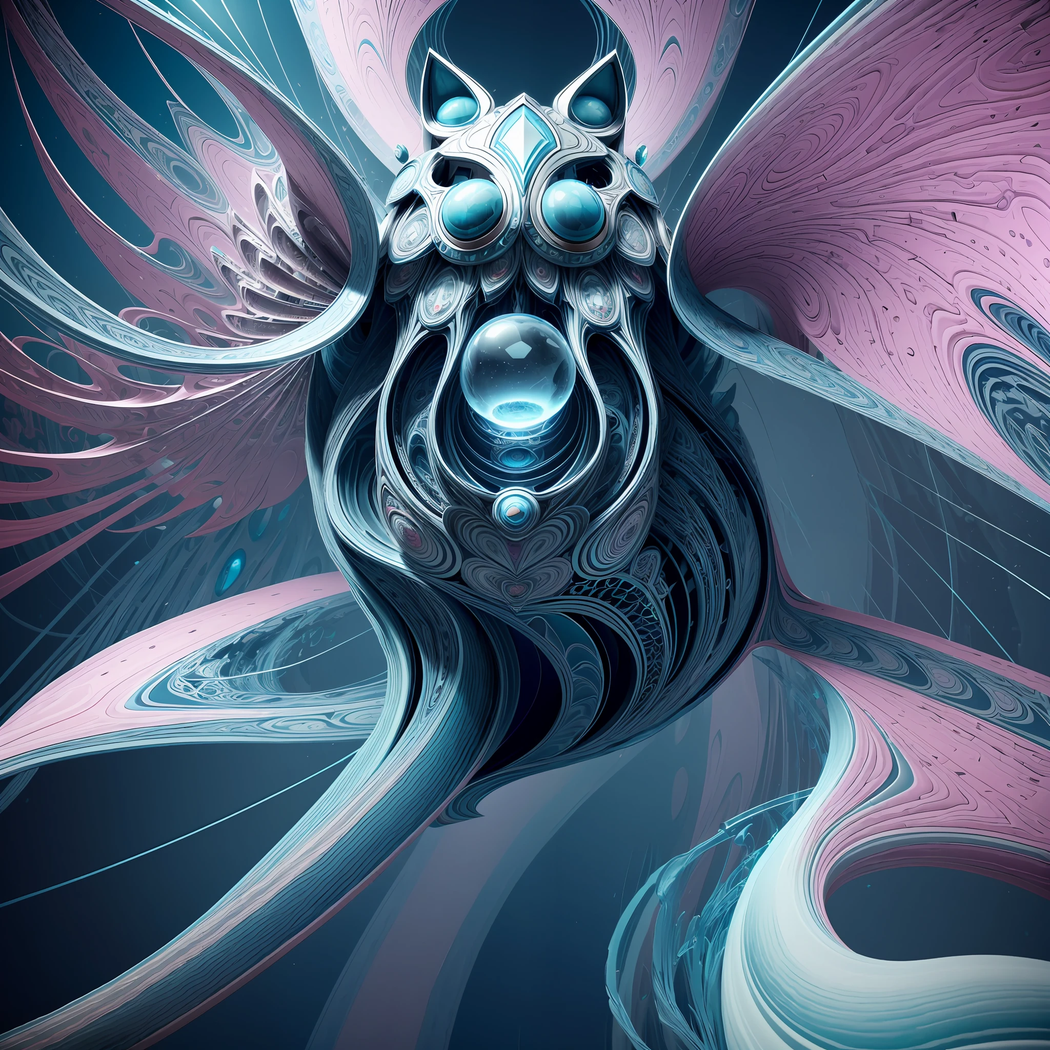 (kittybot shaman DMT aura with a transparent helmet with a protruding brain: 1.4), (metal wings: 1.2), (hyperloop car flask mask: 1.2), (kawaii cyberpop fractal art: 1.6), (Tobias Gremmler art style of fluid and dynamic forms: 1.6), (organic-geometric mix: 1.6), (the shaman's head reflects happiness as a mood and mind in surreal ways: 1.2), (mask creates motion and warping in light: 1.3), (ultra-high resolution: 1.4), (ray tracing illumination: 1.4), (subsurface scattering skin: 1.2), (particle effects: 1.4), (depth of field: 1.4), (geometric-dotist abstraction: 1.6), (generative fluid fractal algorithm: 1.6).
