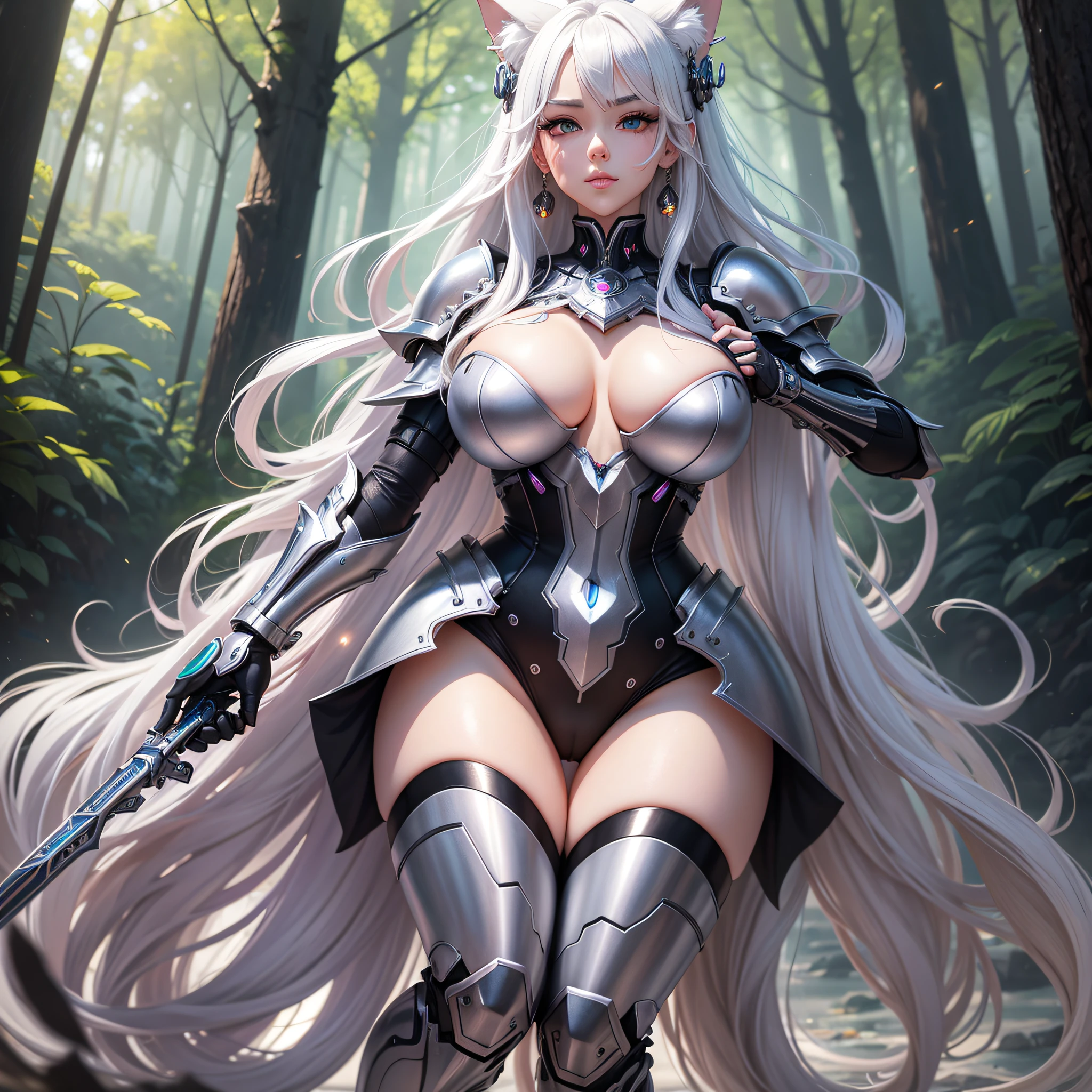 Life like sexy anime cyborg cat girl with long white hair and blue eyes, full body portrait,thick thighs,camel toe, slim waist,voluptuous,bust,cheeks, white and black battle dress, battle armor, life like characteristics,ultra realism,  Soft smile, sensual, naughty pose, hyper realistic, 3 d anime realistic, advanced digital anime art,extremely detailed art germ, 8k high quality detailed art, solo,full body portrait, amazing beauty,, dynamic pose, delicate face, vibrant eyes, (from the front), silver hair, streaked hair, very long hair, expressive hair, multicolored eyes, aqua eyes, purple eyes, fox ears,heart earrings, earrings, light smile, shy, blush, parted lips, licking lips, heavy breathing, naughty face, naughty, sparkle, god rays, super detail, high quality, anatomically correct, textured skin, best quality,full body portrait,silver wolf,seen from below, guweiz on artstation pixiv, forest back ground, resolution 4098x2160, 8k --auto --s2