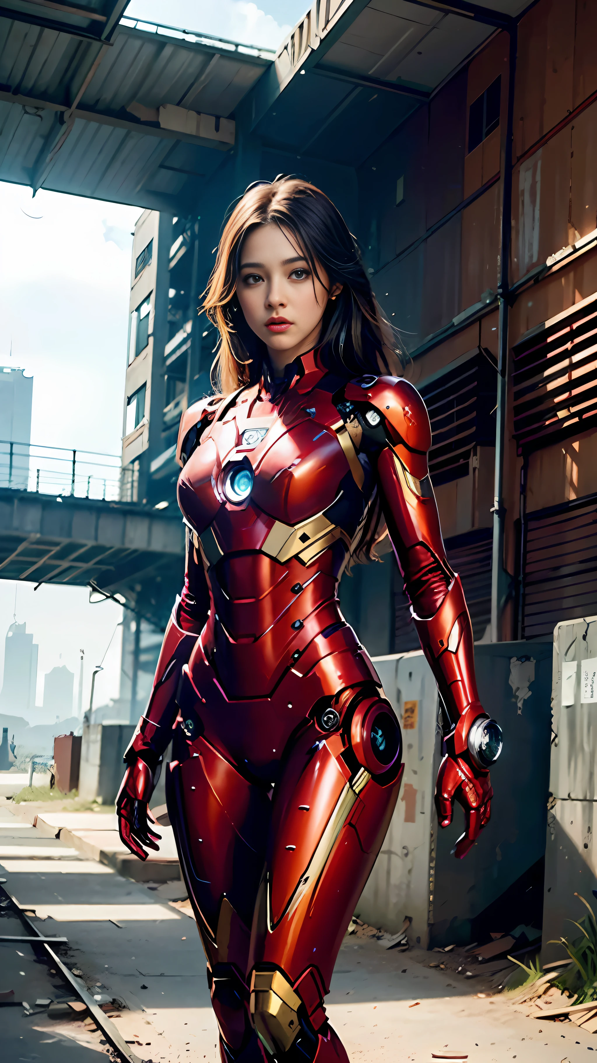 8k, realistic, attractive, highly detailed, a 20 year old girl a sexy and attractive woman inspired by Iron Man wearing a shiny Iron Man mech. She dresses with sexiness and confidence, perfectly interpreting Iron Man's strength and charisma. The abandoned warehouse serves as a backdrop, creating a unique atmosphere that highlights her bravery and perseverance. The cloudy sky adds a sense of tension and mystery to the whole scene. This high-definition, high-quality picture will bring you a shocking visual experience. The detailed abandoned warehouse and shiny mechs will keep your eyes on you. oc rendering, dramatic lighting, award winning quality