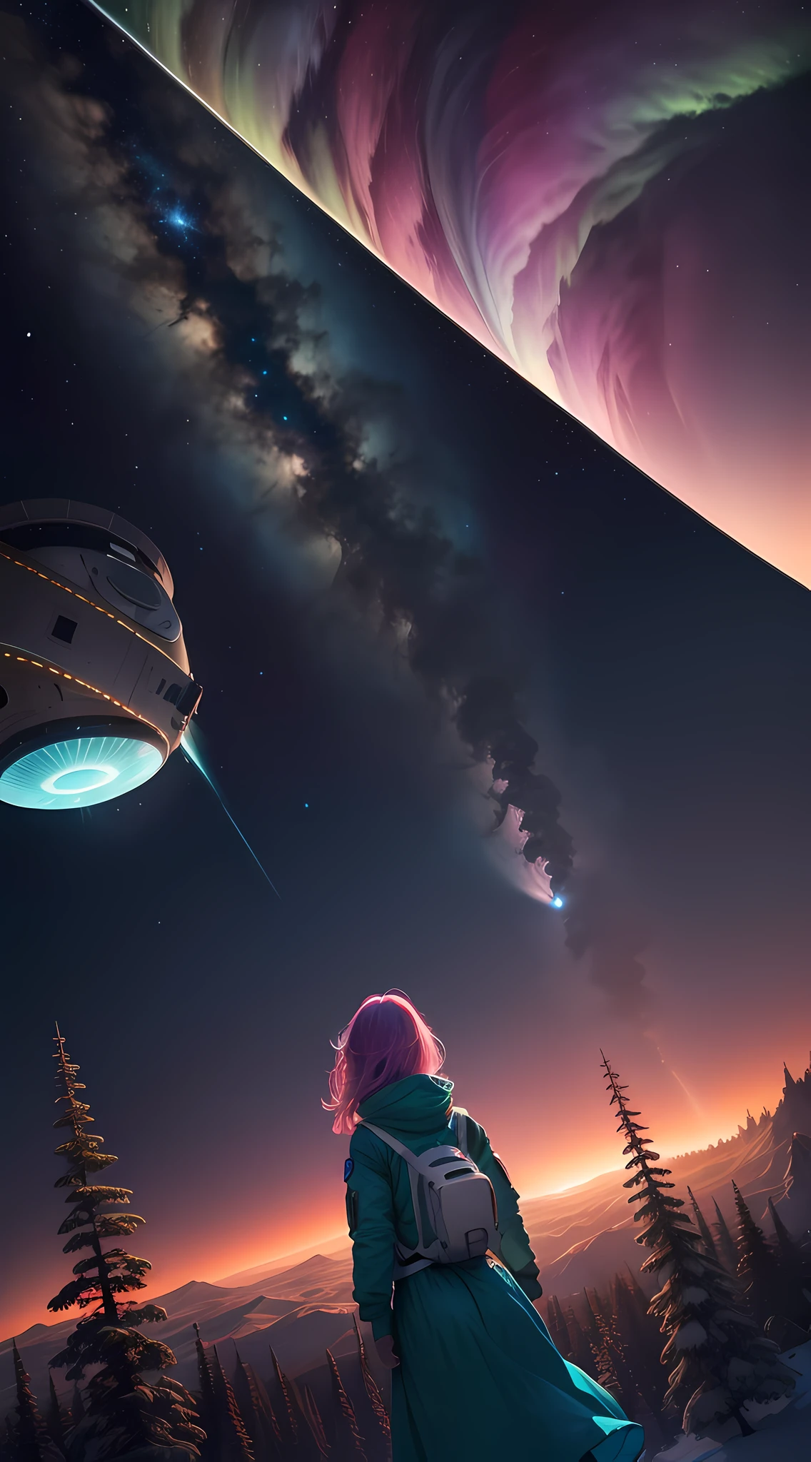 A lone astronaut floats in space above the planet Pandora, while a dazzling cosmic aurora borealis dances in the night sky. The mesmerizing colors of the dawn paint the horizon with vibrant shades of pink, blue and green, creating a dazzling visual spectacle. The astronaut's spacesuit gently reflects the light of the aurora, adding a subtle glow to the scene. The image is rendered with an artistic approach, using soft brush strokes and an impressive color palette to capture the magic and mystery of this unique moment. The atmosphere is serene and contemplative, inviting the viewer to appreciate the beauty of the cosmos and the immensity of the universe --air 16:9 --v 5 --q 2