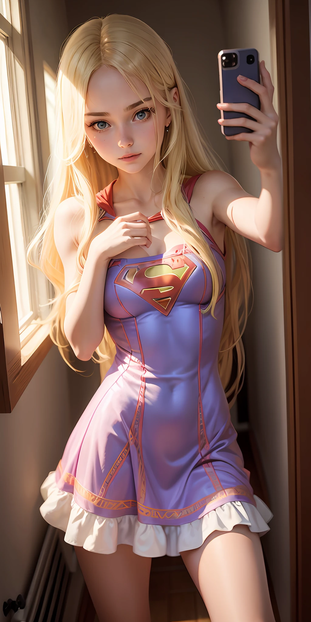 Woman (18 years old, long blonde hair) wearing a dress glued to her body (supergirl dress), taking selfie