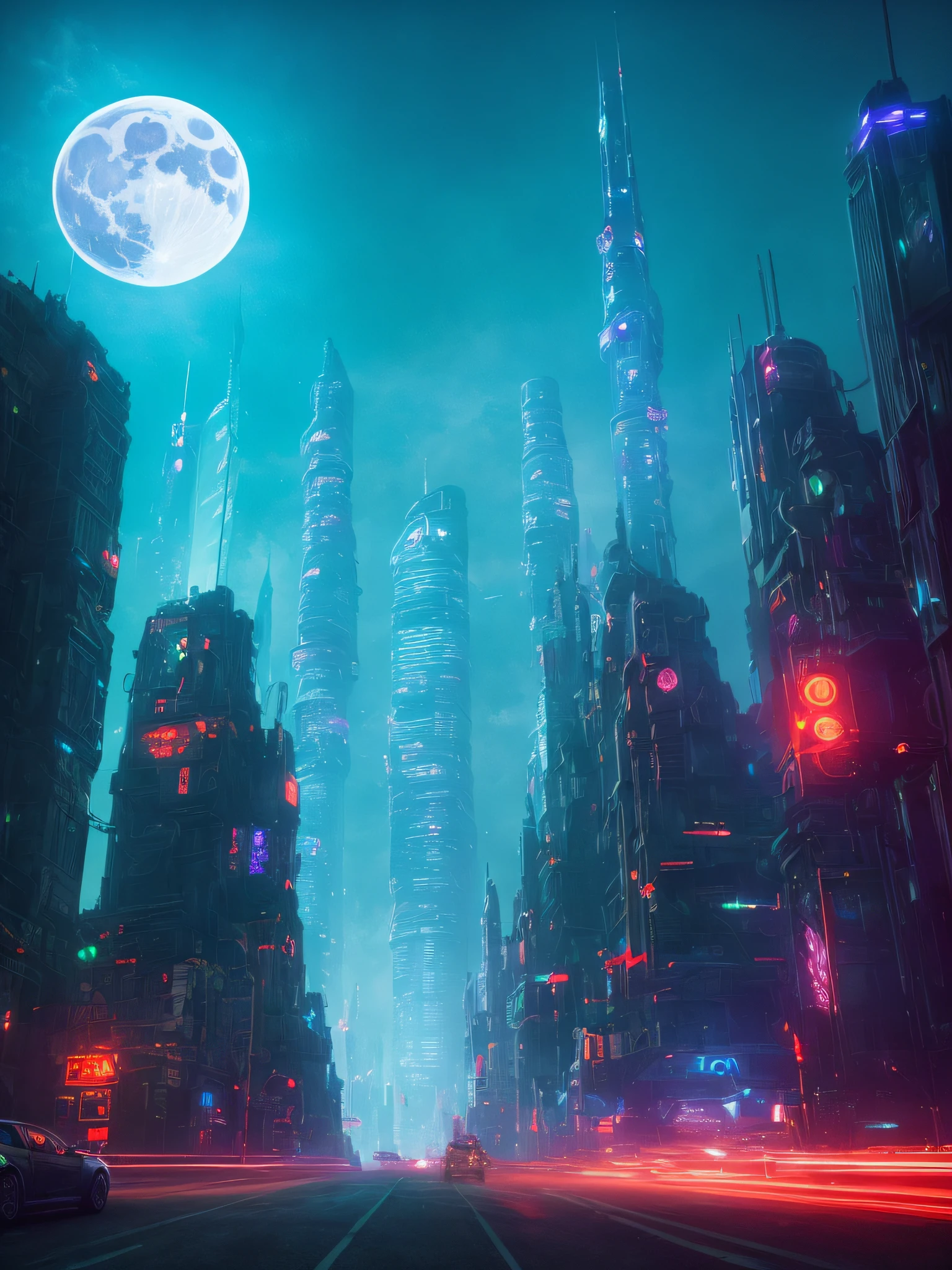 (highly detailed:1.2),(best quality:1.2),(8k:1.0),(emb-rrf-low:1.0),sharp focus,(award-winning photograph:1.2), (subsurface scattering:1.1), Futuristic cityscape with towering skyscrapers, neon-lit streets, flying cars, holographic billboards, and a full moon backdrop, by Robert Broomfield, 3D art, photorealistic, hyper-detailed, dystopian, trending on ArtStation, cinematic lighting, sci-fi, and fantasy.