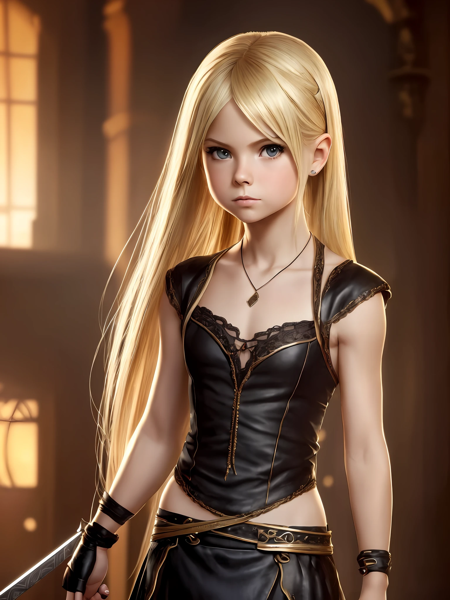 A beautiful little blonde girl ((1girl)), with features of singer Avril Lavine, grumpy expression, short and skinny ((collarbone)), full body ((short stature, from head to toe)), small , narrow hips, ninja outfit, beautiful assassi
