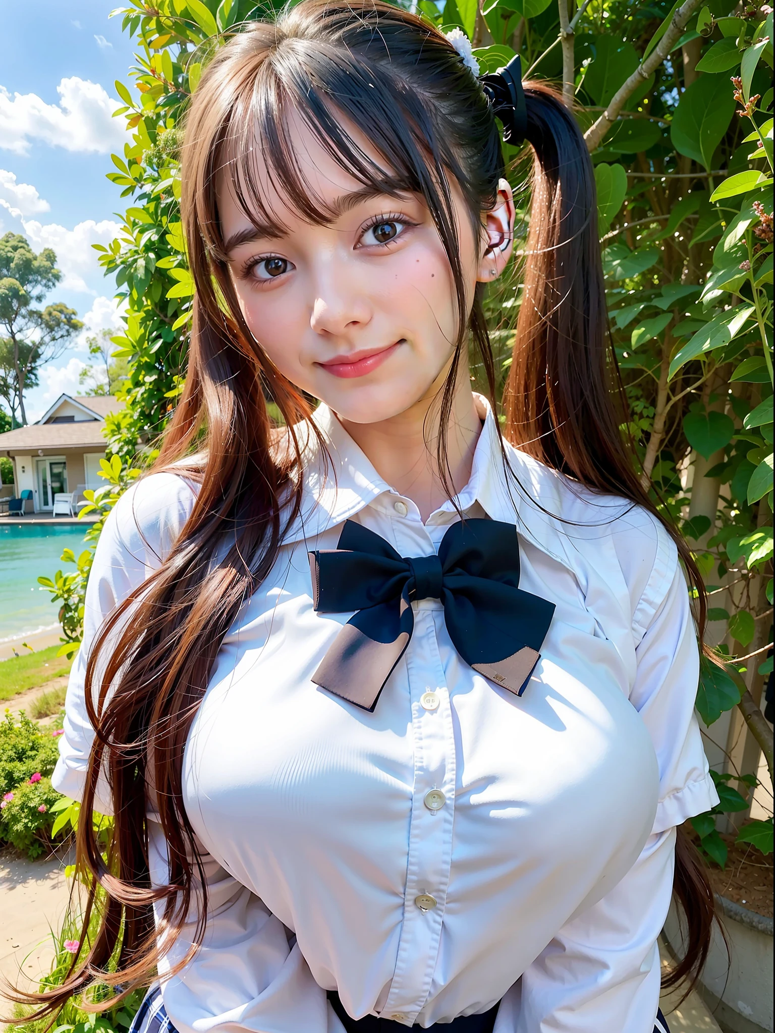 1woman, big breasts, school uniform, big breasts, posing, happy, sea, sunlight, cute, sexy, young, twintails, very long hair, best quality, ultra high res, (photo realistic:1.4),