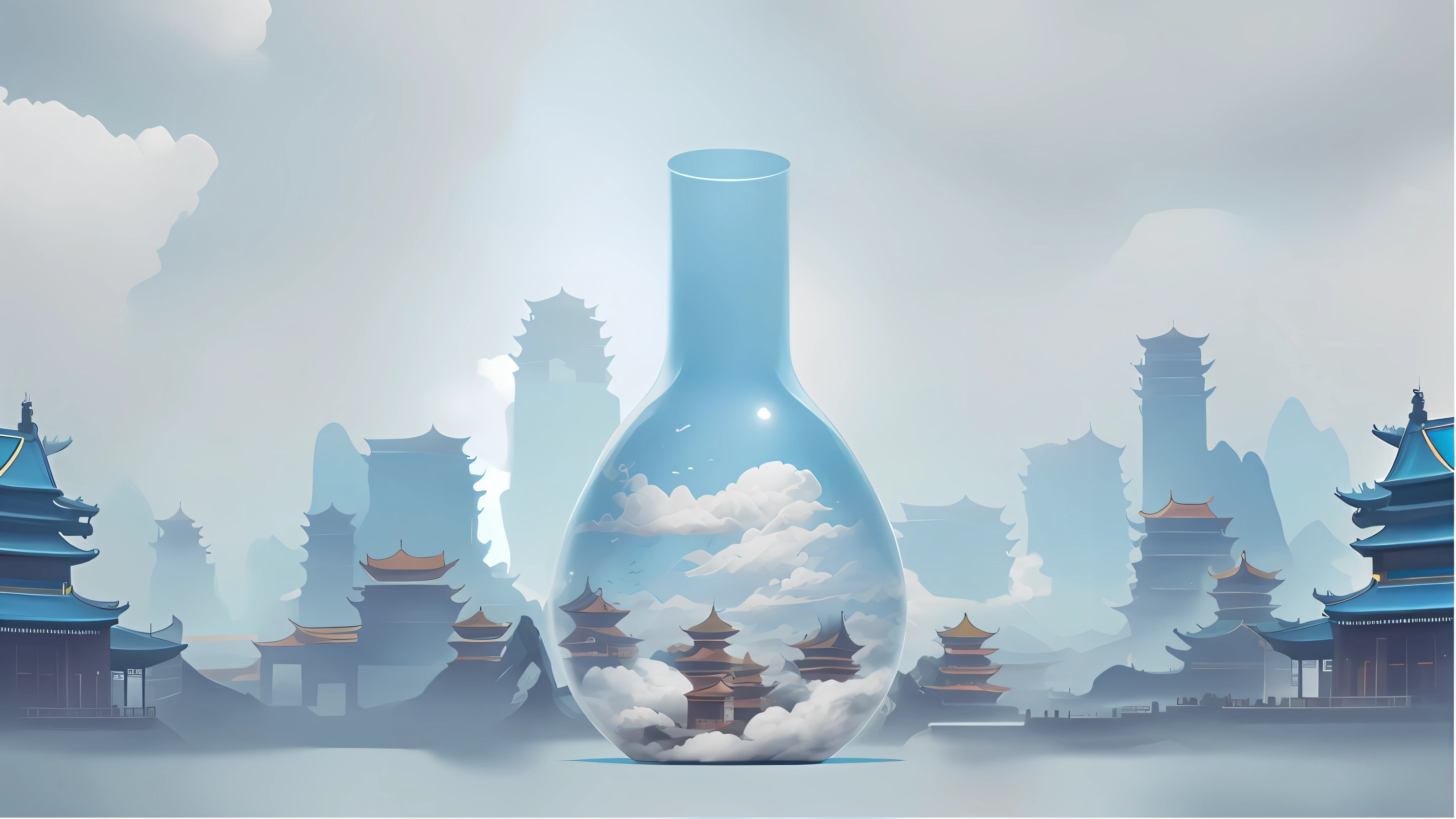 there is a large vase with a picture of a city inside of it, floating lands in-clouds, by Qu Leilei, full of glass. cgsociety, illustration matte painting, cloud palace, by Li Tiefu, chinese surrealism, floating city on clouds, optimistic matte painting, chinese fantasy, by Xia Gui, concept art illustration, city in the clouds