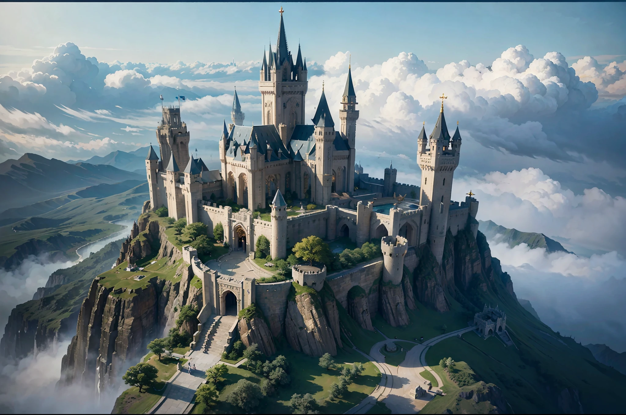 aerial view, colossal castle floating in the clouds with many towers and spires, minas tirith, highly detailed, high resolution, dramatic lighting, detailed acrylic, intricate complexity, soft natural volumetric cinematic perfect light, oil painting --auto --s2