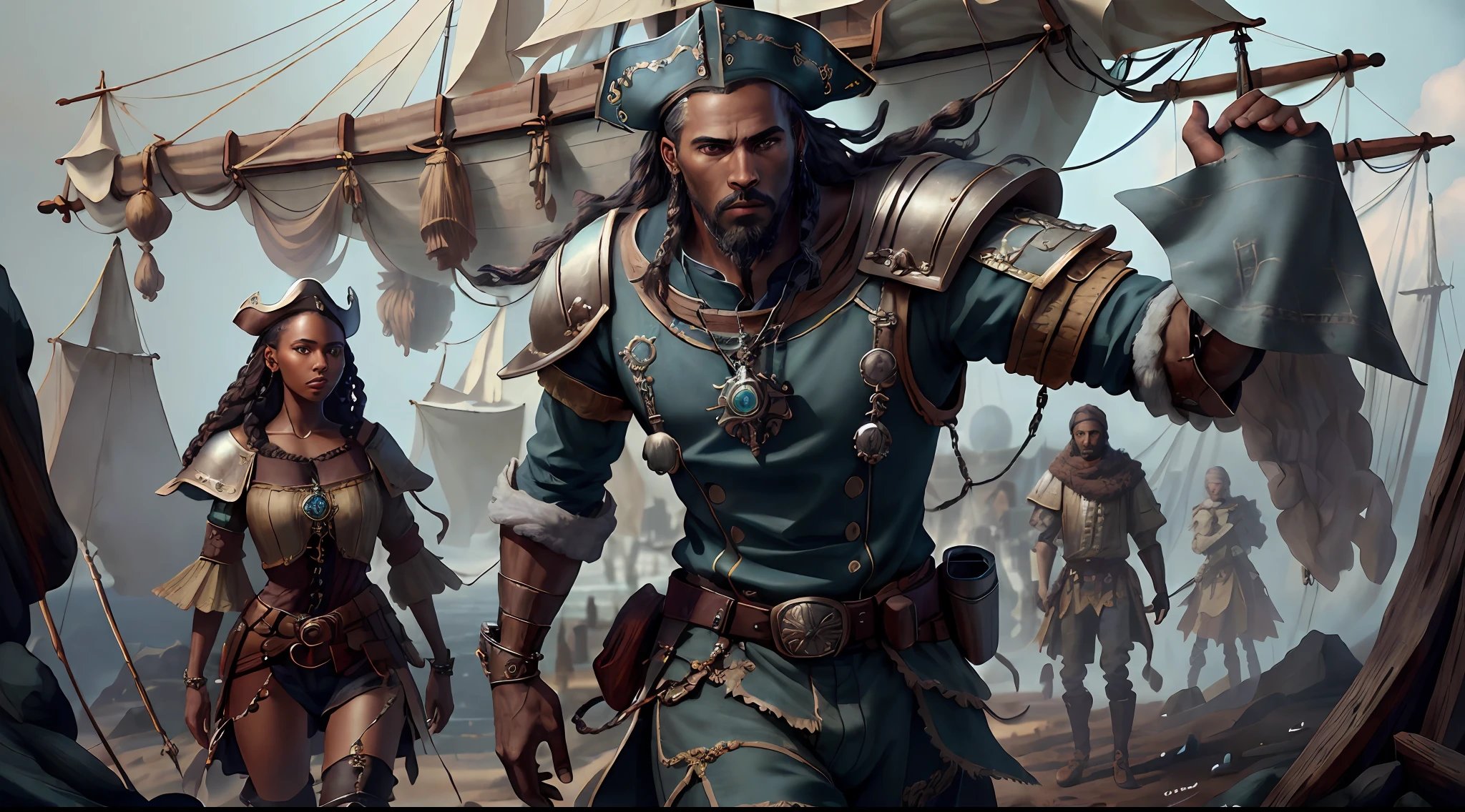 (((multi-person interaction, with men and women))), (highly detailed RAW color photos, ridiculous resolution, high resolution, super detailed), ((r 9 6 angles)), dark skin, handsome, fearless and brave expression, mature, thin shoulders, very thin body, black captive dark pirate hat, white dirty braids, vibrant green eyes, (detailed eyes and detailed face), extremely detailed 8k photo, (full body: 0.9), beautiful woman, outboard, offboard background, detailed face, (Medieval Fantasy Theme: 1.3), Light Blue Pirate Theme Armor with Highly Intricate Details, Blue Pants, Ship in the Background, Inside the Ship, Deck of the Ship, Inspired by Dungeons & Dragons, Digital Artwork, Surreal, Photography, Soft Lighting, Soft Detail, Octane, ArtStation Trend, Ultra High Detail, Surreal, Movie, 16k,
