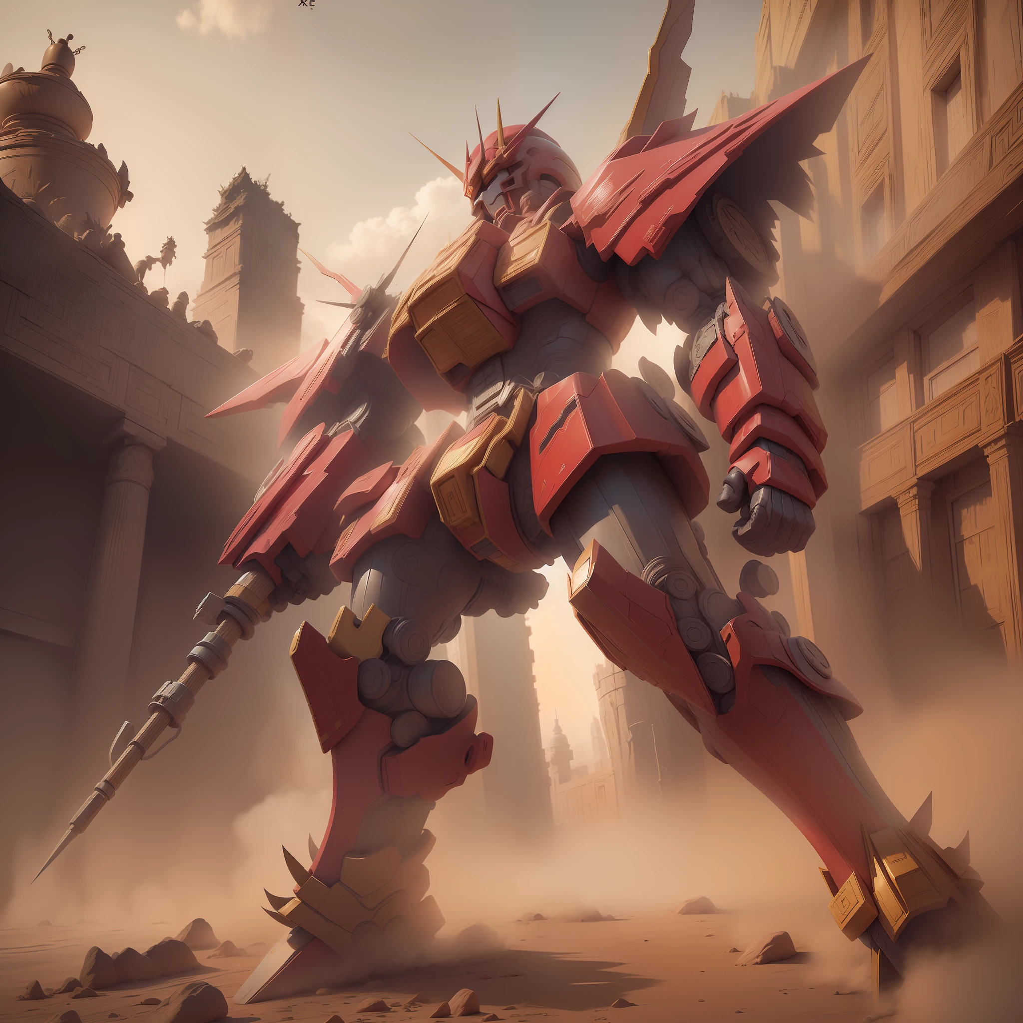 (Masterpiece, Best Quality, 8K Quality) x1.1, (China Red) x1.2, (Mecha Warrior) x1.5, (Handheld Spear) x0.9, (Forbidden City background, building ruined) x1.1, (Gorgeous, flashy style) x1.05