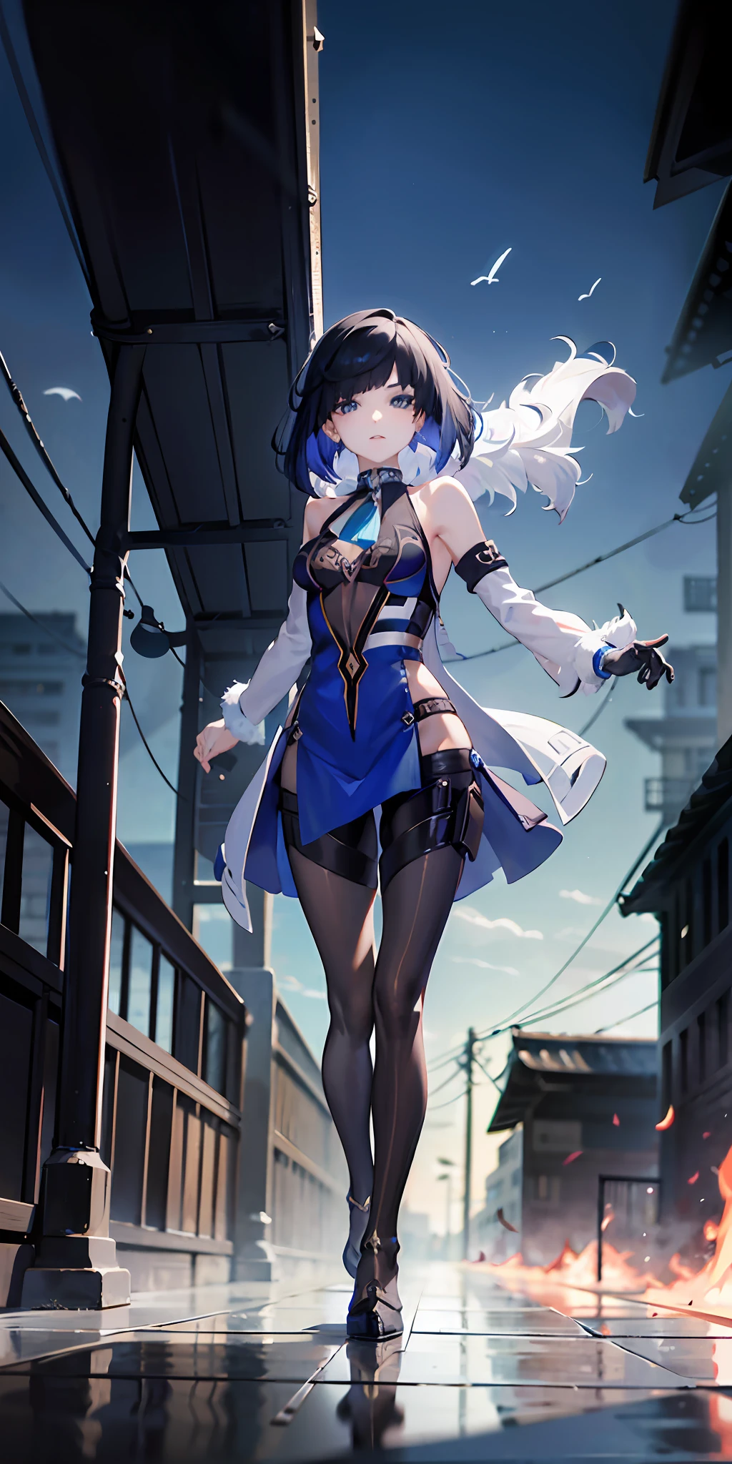 1girl, (solo:1.2), ((masterpiece)), (shadow), [slim], (small breasts), ((sharp focus)), pale skin, ((detailed eyes)), (blurry background), yelandef, gradient hair, pants, short hair, armpits