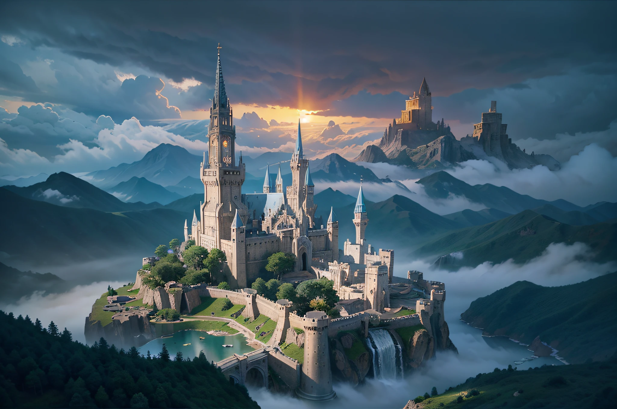 aerial view, colossal castle floating in the clouds with many towers and spires, minas tirith, highly detailed, high resolution, dramatic lighting, detailed acrylic, intricate complexity, soft natural volumetric cinematic perfect light, oil painting --auto --s2