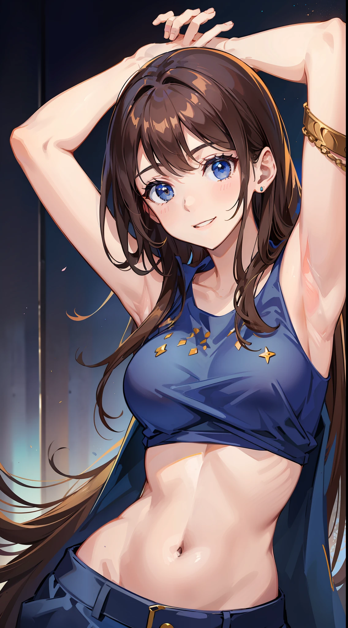 Young girl, long brown hair, blue eyes, blue top, sleeveless, open arms, open belly, pants, smile, masterpiece, high quality