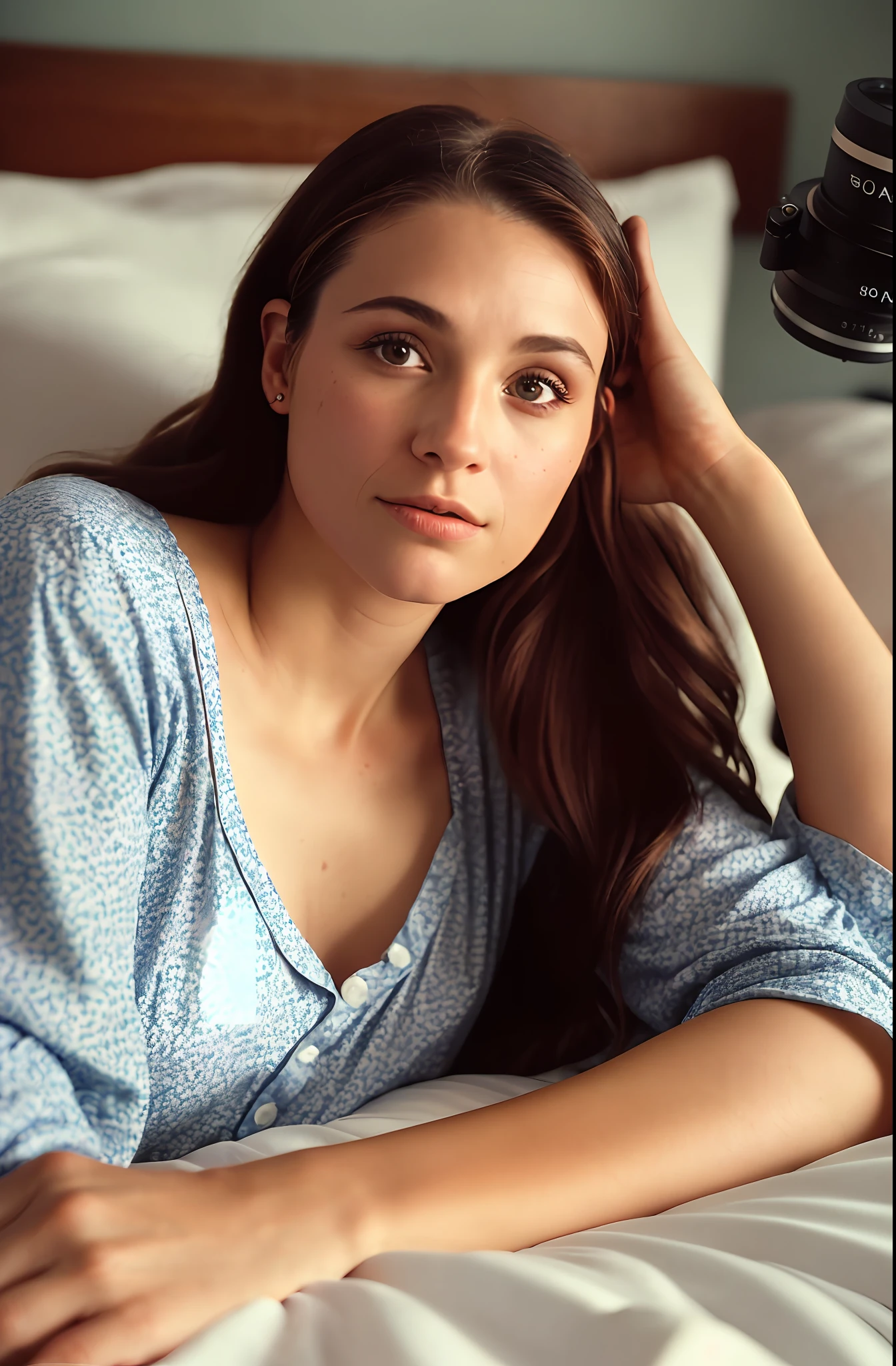(Close-up, editorial photograph of a 35-year-old woman, wearing nightwear, lying sleepy in bed with her head in her hand, inside a large bedroom with an alarm clock on top of her desk in the background (highly detailed face with sleep) (large room and she lying in bed), film bench photography, 4 kodak portra 400, camera f1.6 lens, rich colors, hyper realistic, realistic texture, dramatic lighting, cinestill 800,
