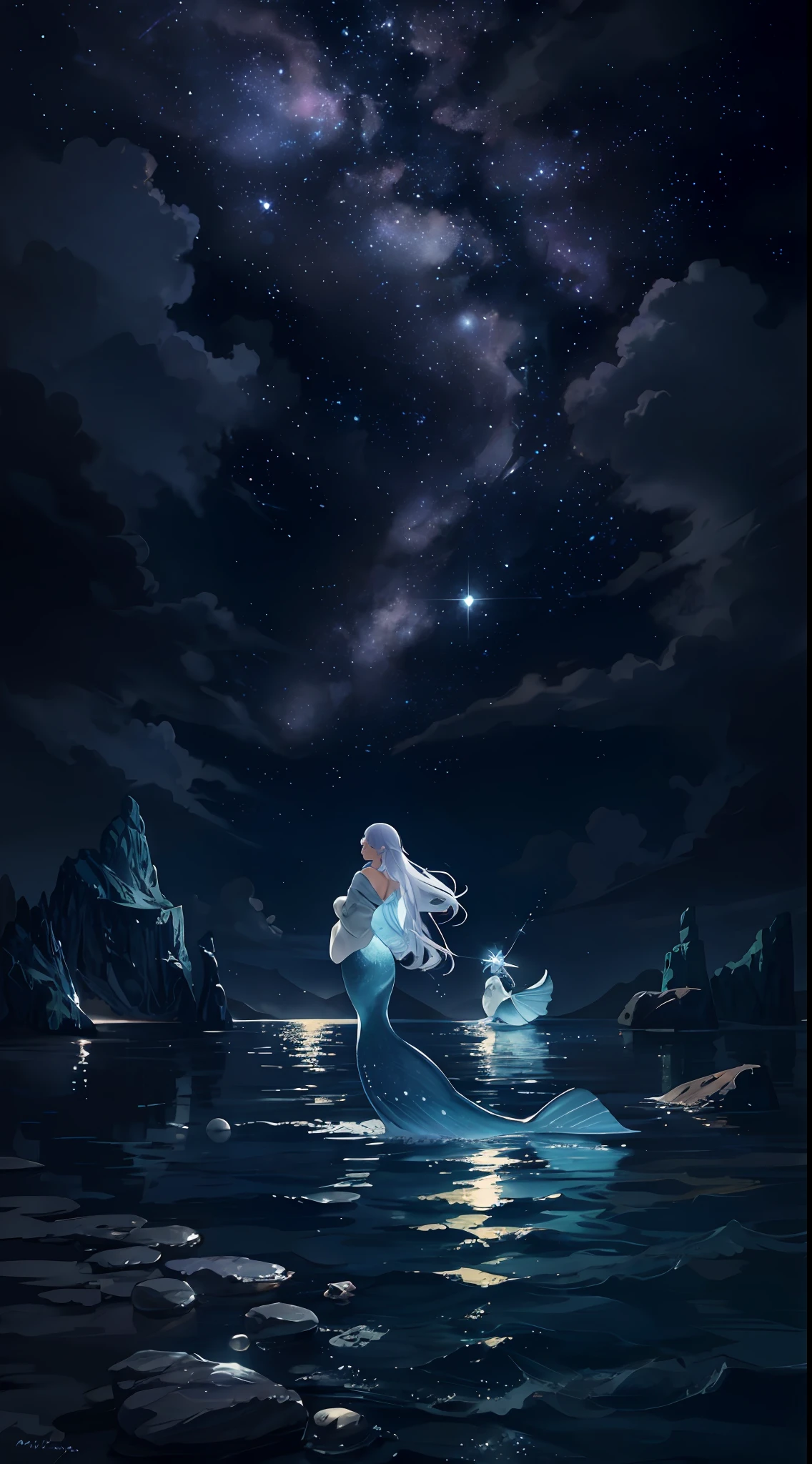 Pictures of stars and moon in the river and sky, (1 woman), Mermaid, concept art inspired by Mitsuoki Tosa, pixiv competition winner, highest quality, fantasy art, beautiful anime scene, bright moon round, starry sky environment under moonlight, mermaid floating in the sea, aurora, dream painting, anime background art, dream landscape art, fantastic night, anime background, Background artwork, fantastic art, starry sky, detail enhancement.