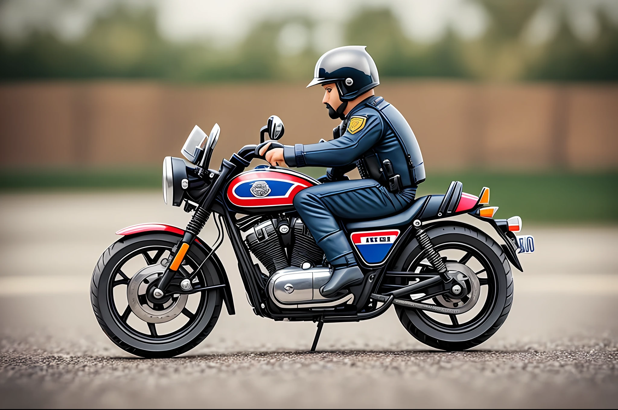 A miniature version of a policeman in a motorcycle :: epic :: masterpiece :: 16k :: photorealistic :: cinematic :: antialiased :: depth of field :: focus on the subject :: contrast :: centered :: wide-angle :: zoomed out :: subject centered :: by Dragan :: color on face:: comic book style :: identical twins :: two headed :: ugly :: close up --auto --s2