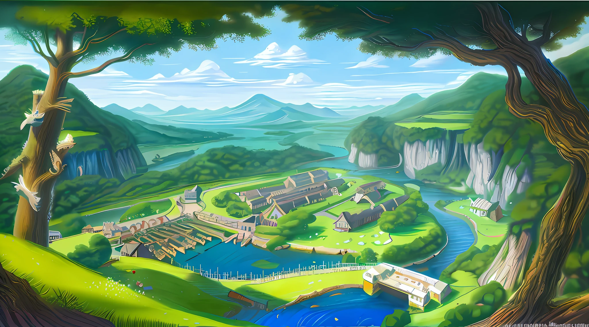 Painting of fantasy city surrounded by trees and river, anime village landscape, distant village background, anime landscape concept art, village shrouded in a huge birdcage, background artwork, official art, background art, fantasy matte painting, cute, official illustration, concept art highly detailed, landscape game concept art, amazing background, town background, landscape artwork, illustrated matte painting, elf city, stylized concept art