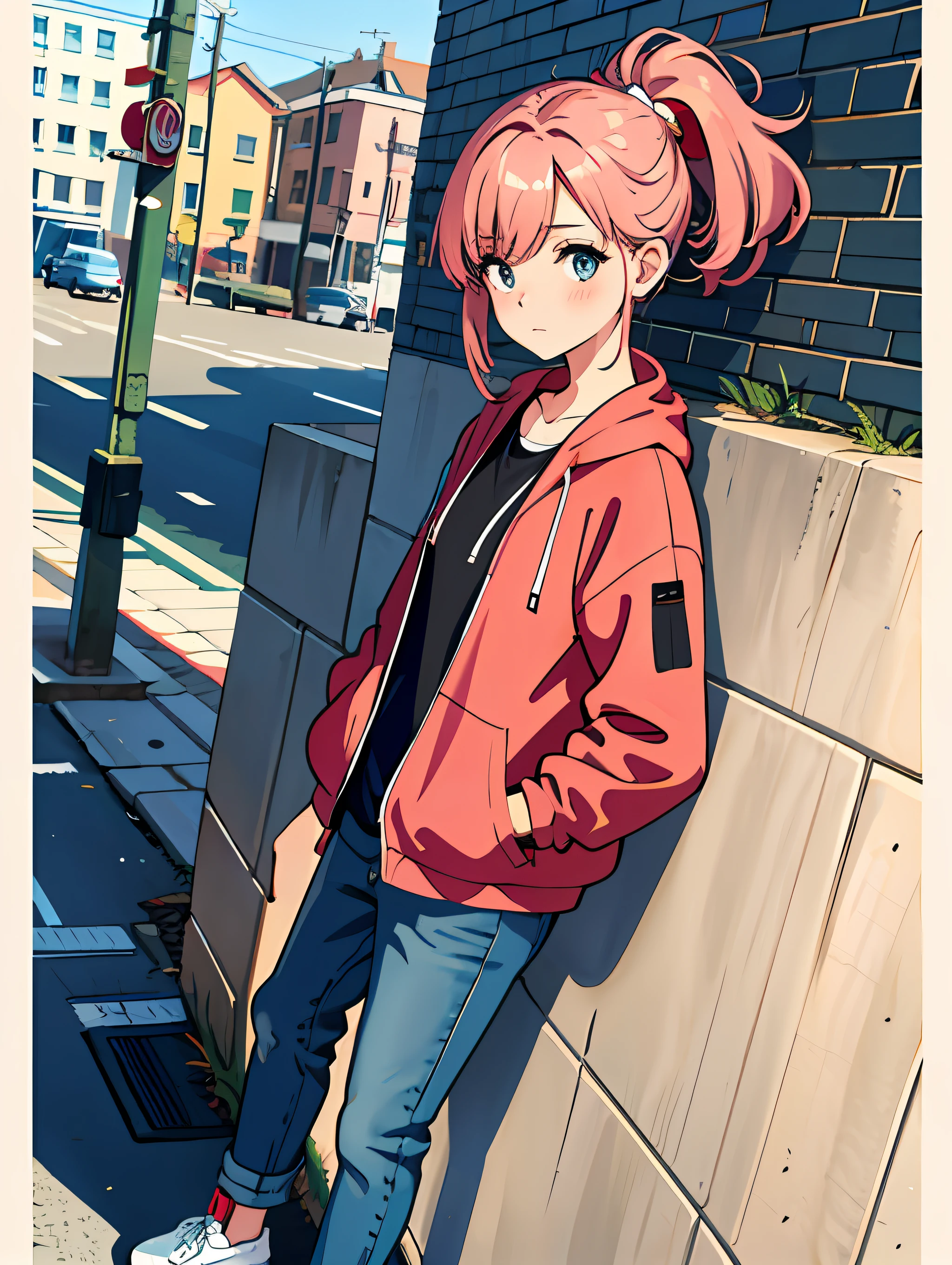 (beautiful and clear background),(street,wall,corner,),1girl, ,fashion,,hand in pocket ,,blush,pose,floating hair,looking to the side,, dutch angle,