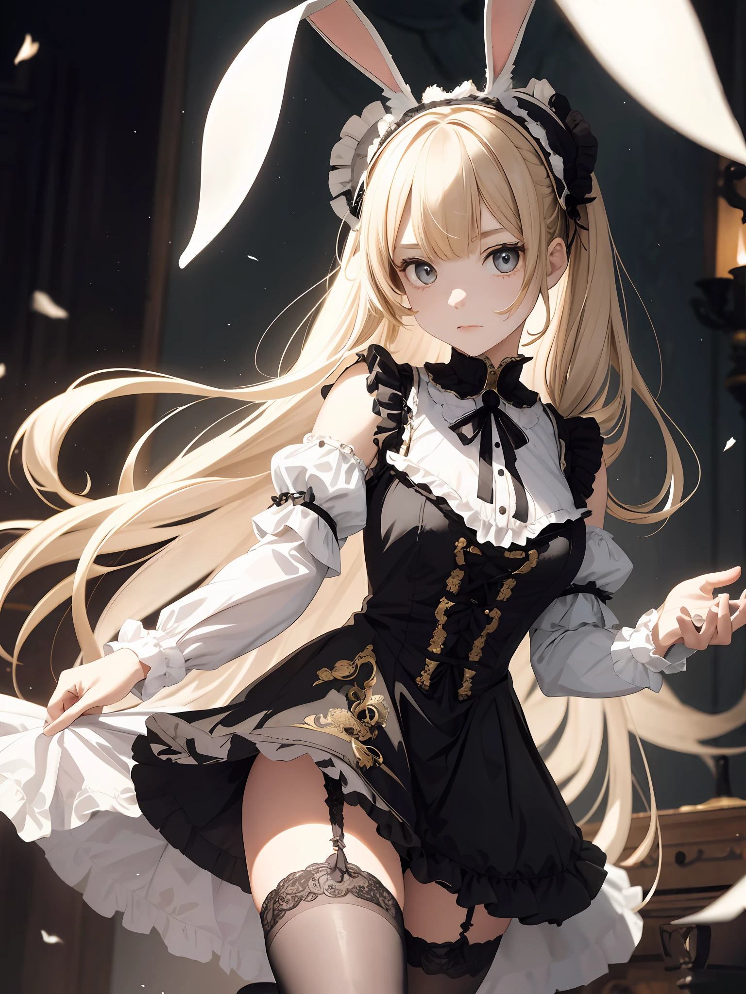 A lovely young girl with Victorian hair, a pair of bunny ears decorated with bells, beautiful innocent eyes, a frightened expression, a slightly trembling body, wearing an ornate dress and black stockings, a full-body photo