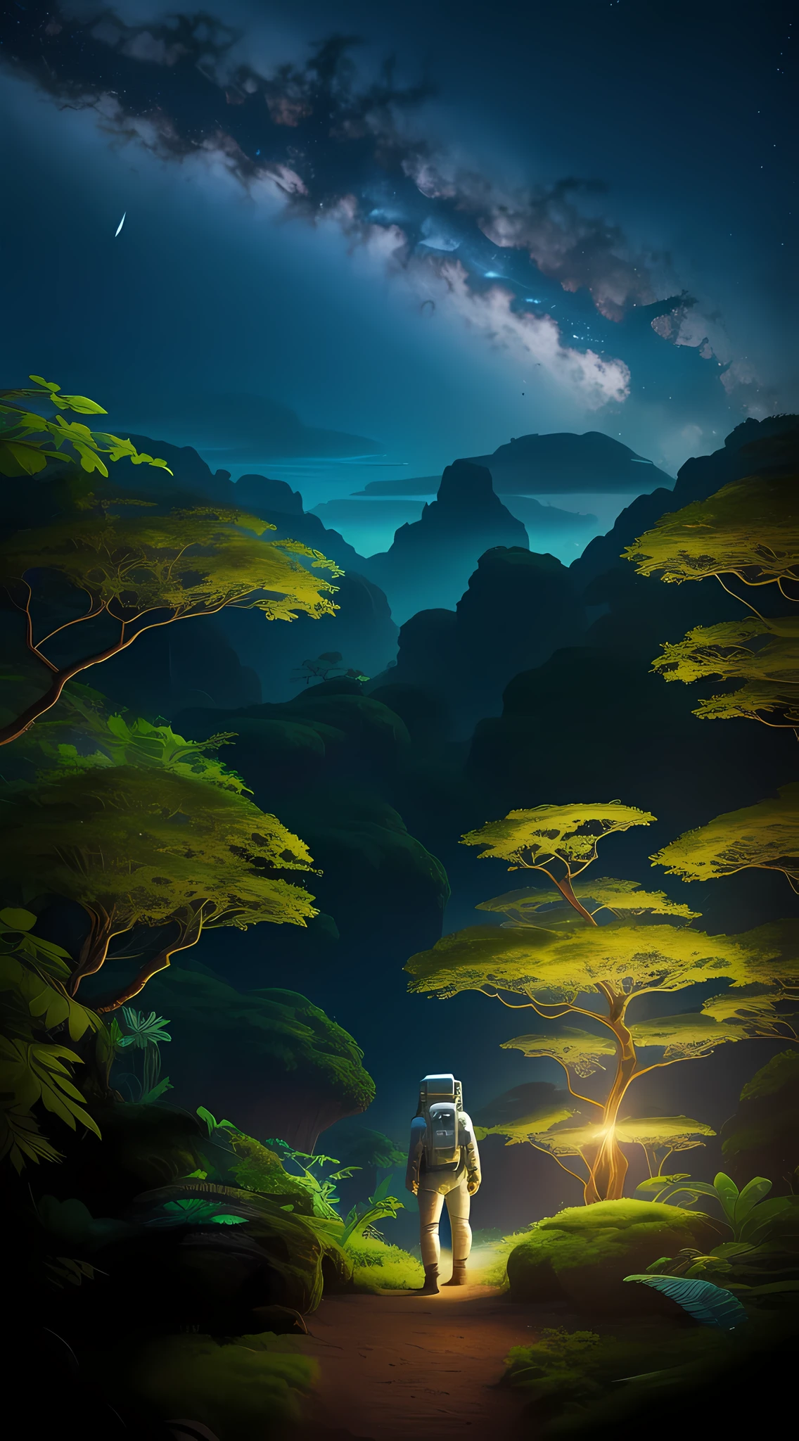 A brave astronaut, dressed in an advanced spacesuit, walks on the lush surface of a planet similar to Pandora from the movie Avatar. The scenery is illuminated by a soft and diffuse light, creating a mystical and enchanting atmosphere. The alien vegetation glows in vibrant shades of blue and green, emitting a soft glow under the light of distant stars. The image is rendered in stunning detail, highlighting the richness of the exotic landscape. The overall vibe is one of wonder and discovery, inviting the viewer to venture into the unknown and explore the wonders of this fascinating alien planet --air 16:9 --v 5 --q 2