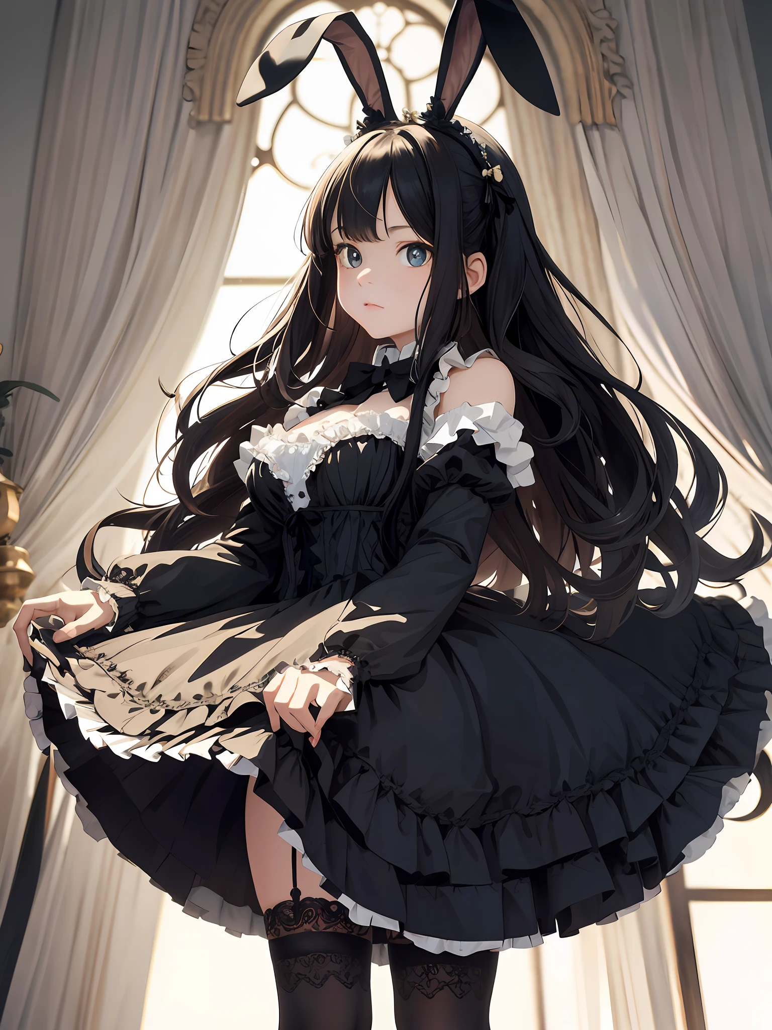 A lovely young girl with Victorian hair, a pair of bunny ears decorated with bells, beautiful innocent eyes, a frightened expression, a slightly trembling body, wearing an ornate dress and black stockings, a full-body photo