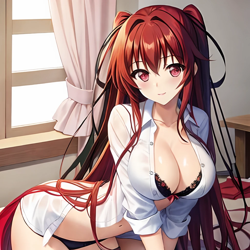 Best Quality, Mio_Naruse, 1Girl, (hair_down:1.3), long_hair, straight_hair, Open Shirt, Bra, red_hair, red_eyes, Décolleté, Great Ass