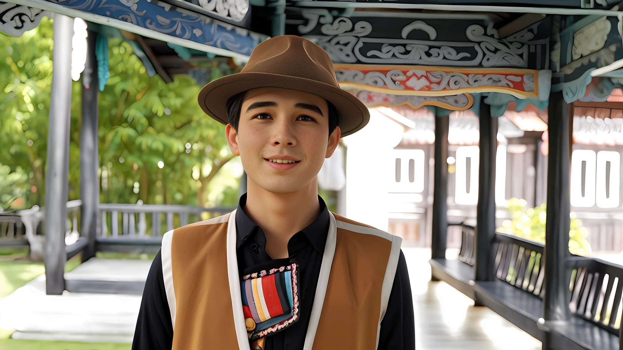Man in hat and vest standing in covered area, dressed in traditional costume, wearing authentic clothing, Nivanh Chantara, Thawan Duhanee style, traditional Thai costume, Thawan duchanee, traditional costume, traditional costume, Jesper esjing, traditional costume, traditional costume, Sukhothai costume