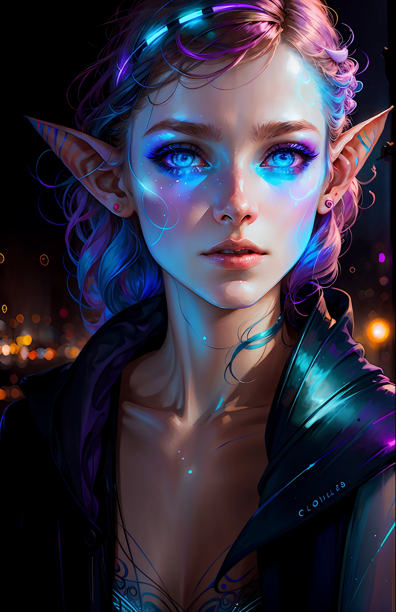 Photo, style synthwave a elf woman by agnes cecile, luminous design, pastel colors, ink drops, autumn lights, perfect ears, blue eyes