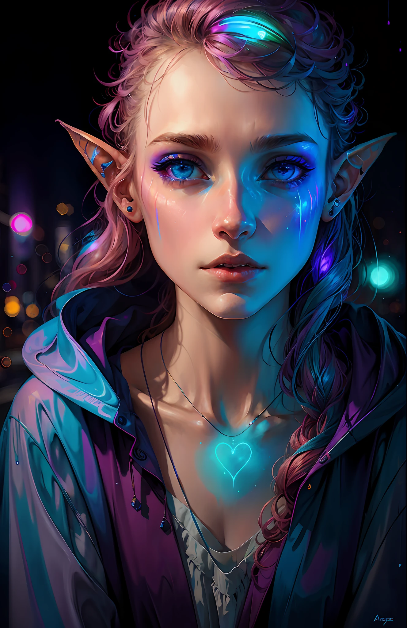 Photo, style synthwave a elf woman by agnes cecile, luminous design, pastel colors, ink drops, autumn lights, perfect ears, blue eyes