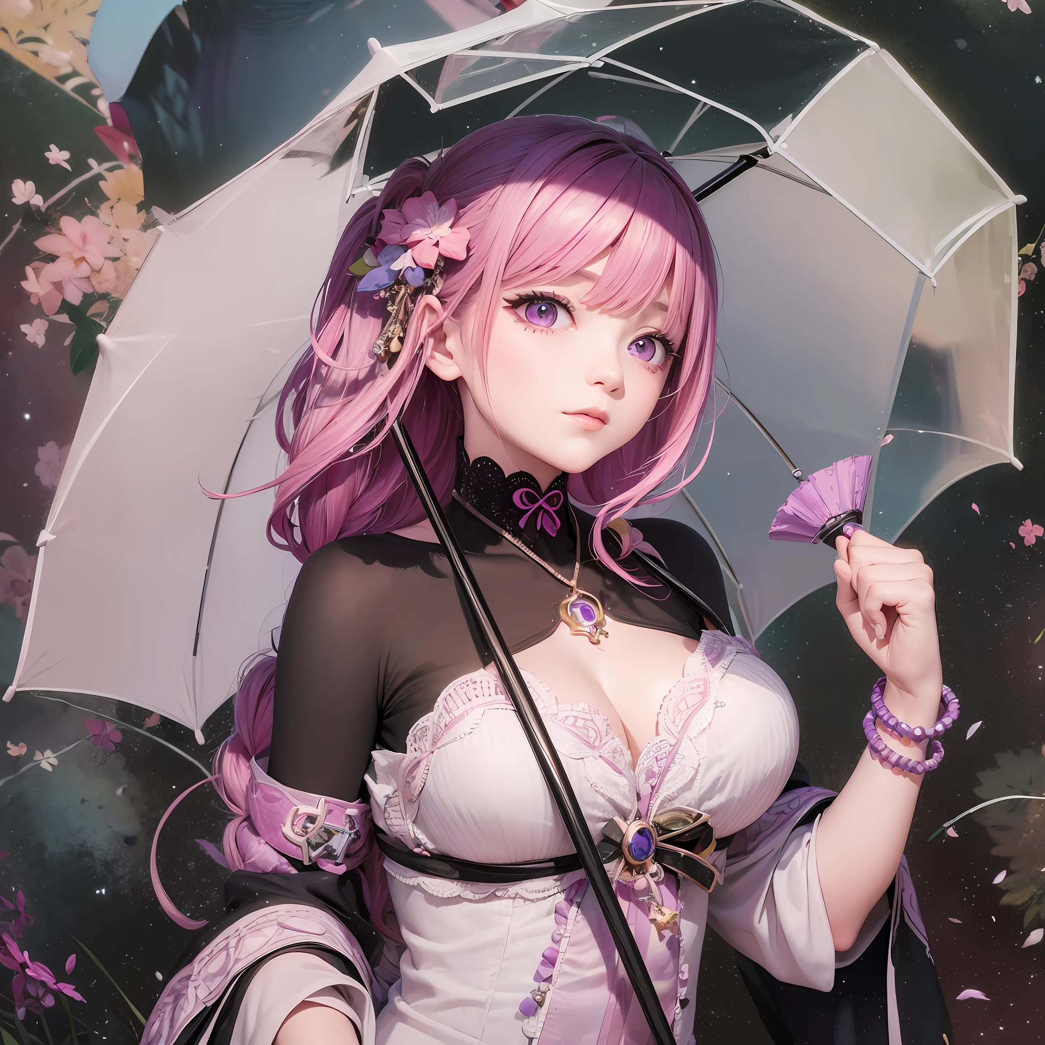 ((best quality+masterpiece)), a kawaii girl holding a pink umbrella, detailed face with bright purple eyes, pink hair, medium-sized breasts, bracelet. --auto --s2