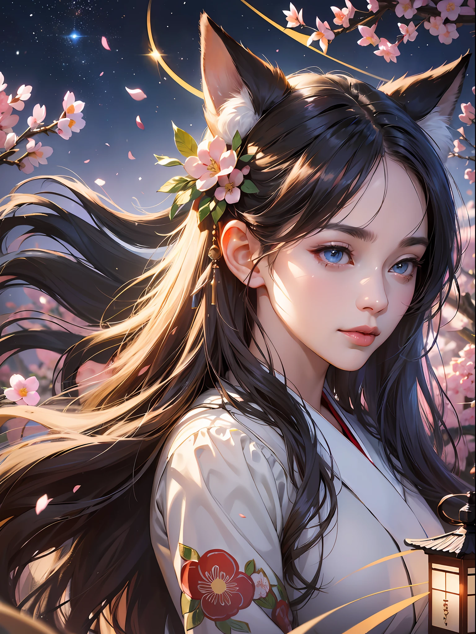 (absurdres, highres, ultra detailed), close-up of face, emphasis on face, focus on face, one woman, mature woman, aged, long straight hair, shiny beautiful hair, blue eyes, bangs, long sleeves, finely drawn eyes and detailed face, eye highlights, hands without breaks, rich lighting, pale pink lips, highly detailed CG unified 8K wallpaper, intricate details, portrait, gazing, solo, half shot, finely drawn face, soft smile, dynamic pose, classical period, (Ancient Japanese Subject: 1.1), Japanese mythology, fox ears, Japanese Ruler, Blue Kimono, Floral Kimono, Ancient Themes, (Prosperous Civilization: 1.1), Moon in background, (Immaculate: 1.1) Shrine, Torii, Japanese landscape, Ancient city in background, Fox mask, Fantastic, Dreamy, Romantic, Light dancing, Lantern, Austere, Night, Darkness, Stars, Portrait, Cinematic lighting, Flower hair ornament, Dating, cherry blossom. --auto --s2