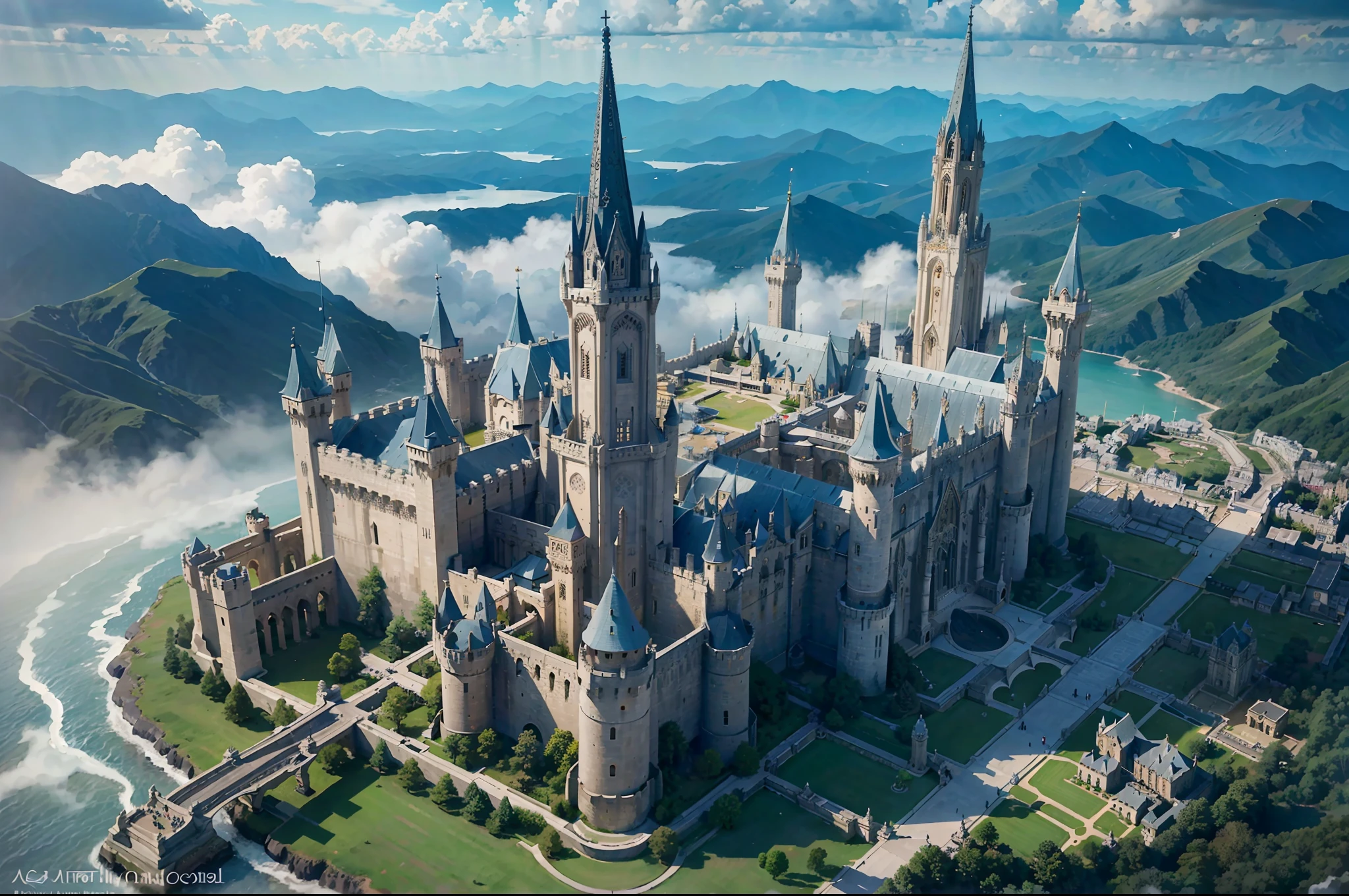 aerial view, colossal castle floating in the clouds with many towers and spires, minas tirith, highly detailed, high resolution, dramatic lighting, detailed acrylic, intricate complexity, soft natural volumetric cinematic perfect light, oil painting --auto --s2