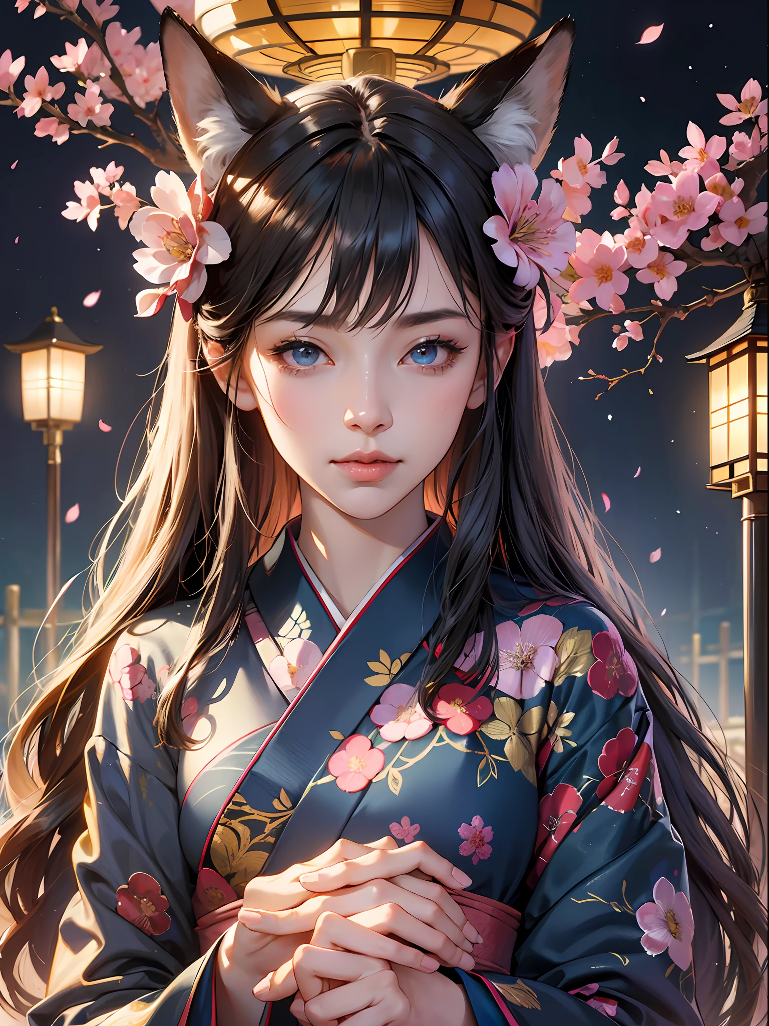 (absurdres, highres, ultra detailed), close-up of face, emphasis on face, focus on face, one woman, mature woman, aged, long straight hair, shiny beautiful hair, blue eyes, bangs, long sleeves, finely drawn eyes and detailed face, eye highlights, hands without breaks, rich lighting, pale pink lips, highly detailed CG unified 8K wallpaper, intricate details, portrait, gazing, solo, half shot, finely drawn face, soft smile, dynamic pose, classical period, (Ancient Japanese Subject: 1.1), Japanese mythology, fox ears, Japanese Ruler, Blue Kimono, Floral Kimono, Ancient Themes, (Prosperous Civilization: 1.1), Moon in background, (Immaculate: 1.1) Shrine, Torii, Japanese landscape, Ancient city in background, Fox mask, Fantastic, Dreamy, Romantic, Light dancing, Lantern, Austere, Night, Darkness, Stars, Portrait, Cinematic lighting, Flower hair ornament, Dating, cherry blossom. --auto --s2