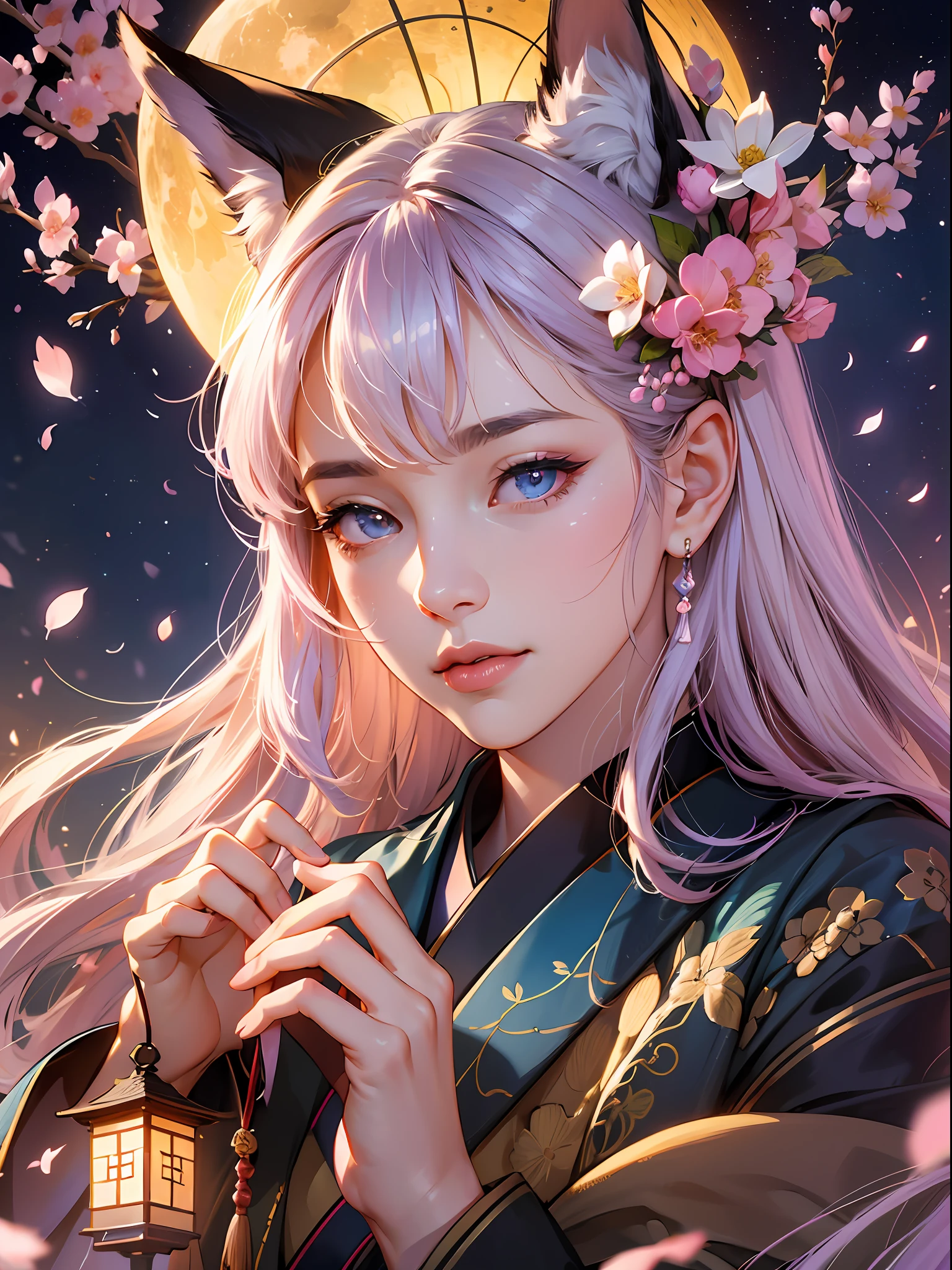 (absurdres, highres, ultra detailed), close-up of face, emphasis on face, focus on face, one woman, mature woman, aged, long straight hair, shiny beautiful hair, blue eyes, bangs, long sleeves, finely drawn eyes and detailed face, eye highlights, hands without breaks, rich lighting, pale pink lips, highly detailed CG unified 8K wallpaper, intricate details, portrait, gazing, solo, half shot, finely drawn face, soft smile, dynamic pose, classical period, (Ancient Japanese Subject: 1.1), Japanese mythology, fox ears, Japanese Ruler, Blue Kimono, Floral Kimono, Ancient Themes, (Prosperous Civilization: 1.1), Moon in background, (Immaculate: 1.1) Shrine, Torii, Japanese landscape, Ancient city in background, Fox mask, Fantastic, Dreamy, Romantic, Light dancing, Lantern, Austere, Night, Darkness, Stars, Portrait, Cinematic lighting, Flower hair ornament, Dating, cherry blossom. --auto --s2